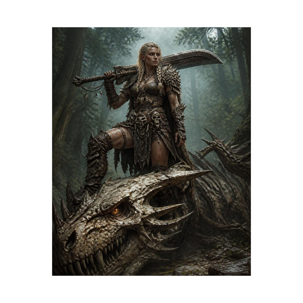 Viking Warrior Woman Dragon Skull Poster — Fantasy Norse Wall Art