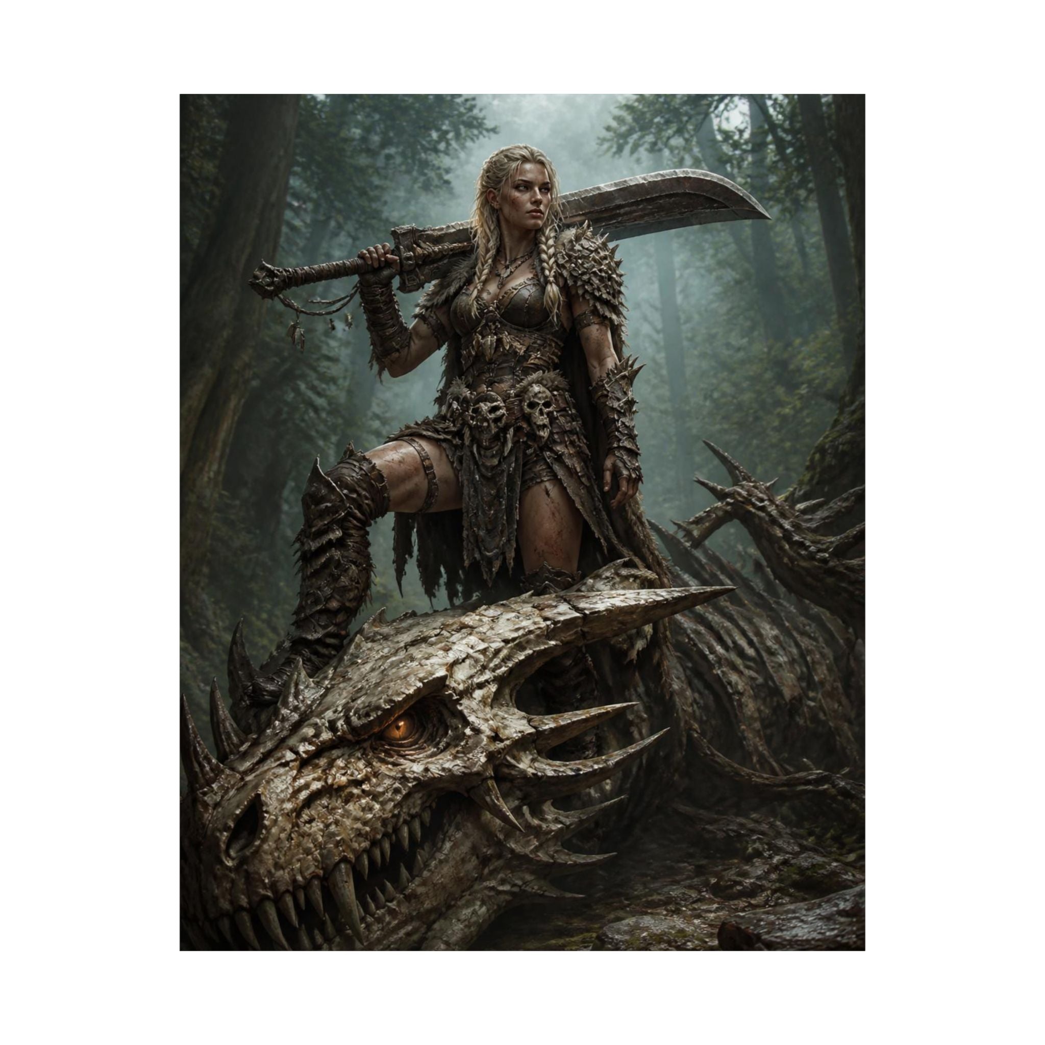 Viking Warrior Woman Dragon Skull Poster — Fantasy Norse Wall Art