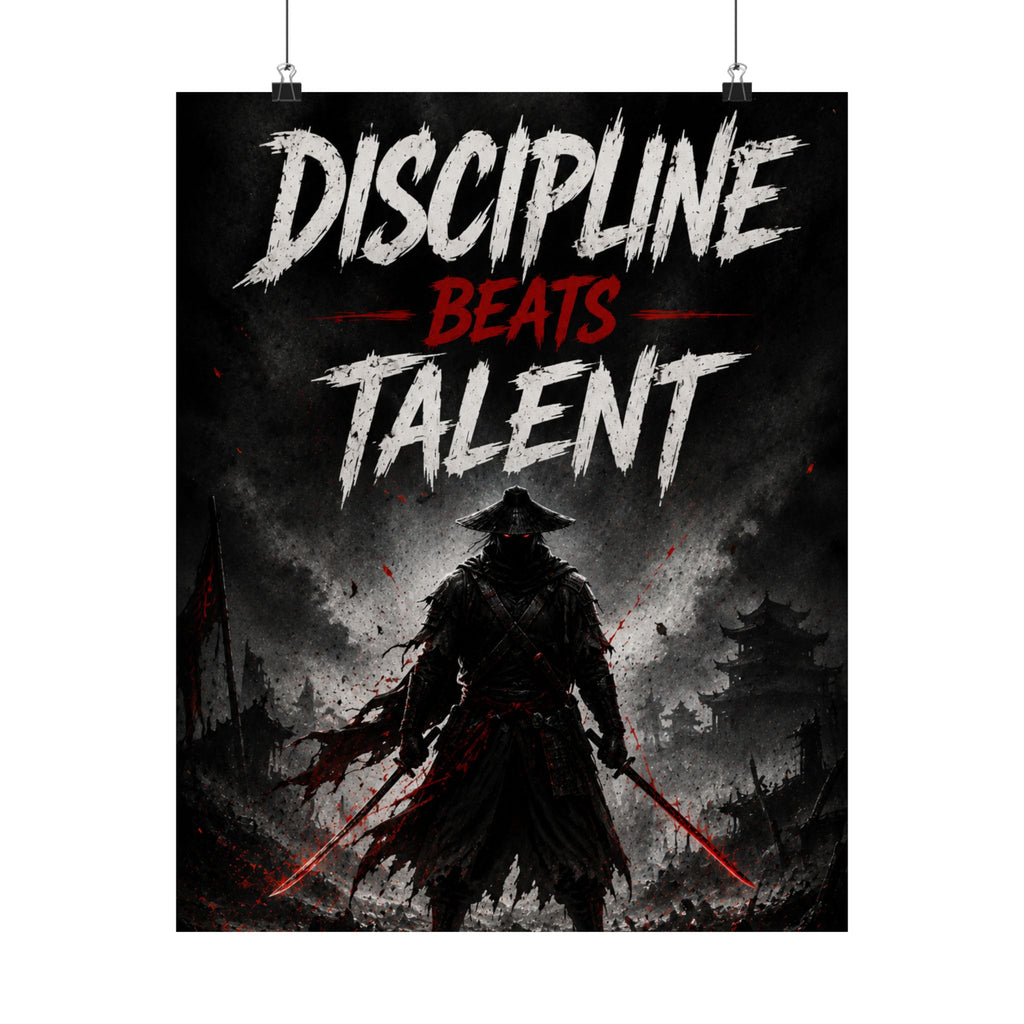 Discipline Beats Talent Gaming Poster — Samurai Motivational Matte Vertical Art