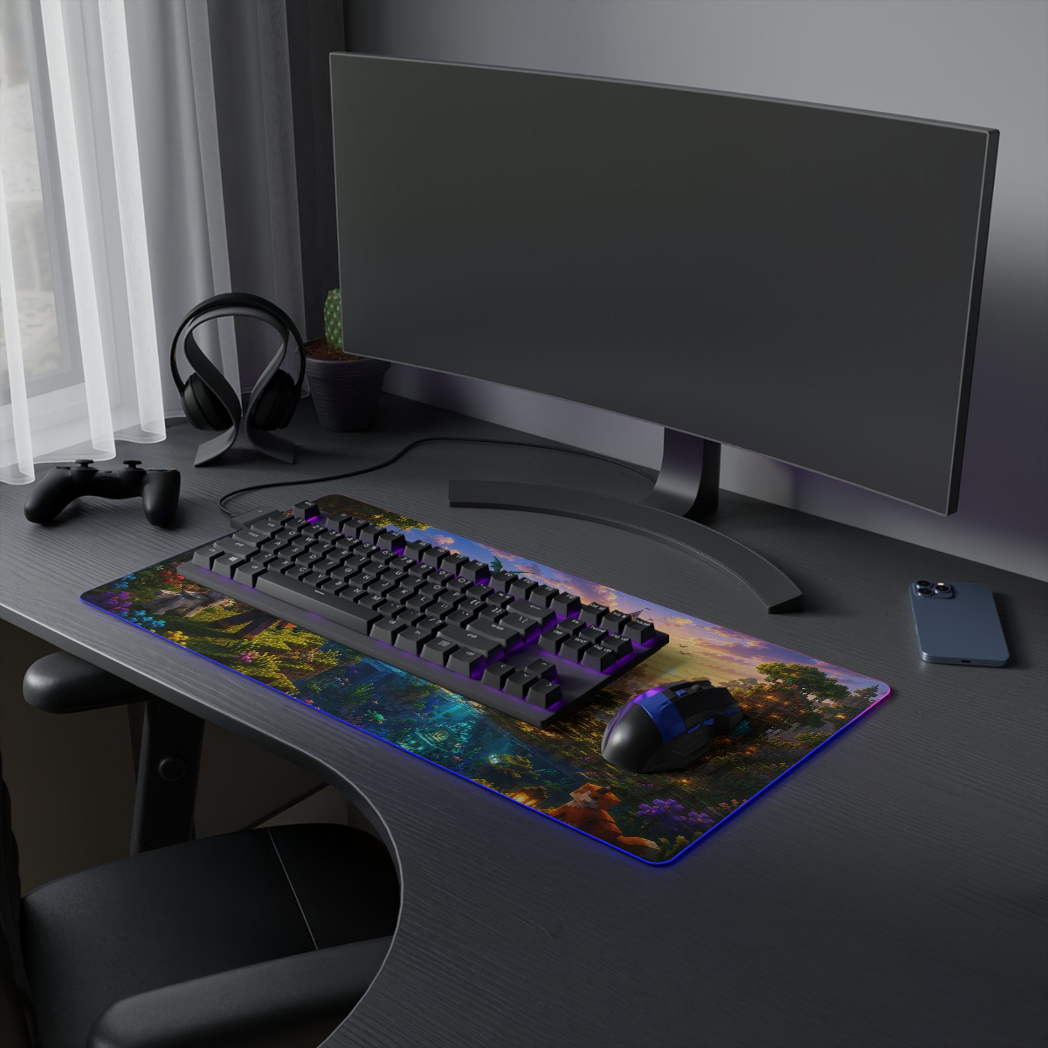 Minecraft Fantasy LED Gaming Mouse Pad — RGB Extended Desk Mat with Castle & Dragon Scene