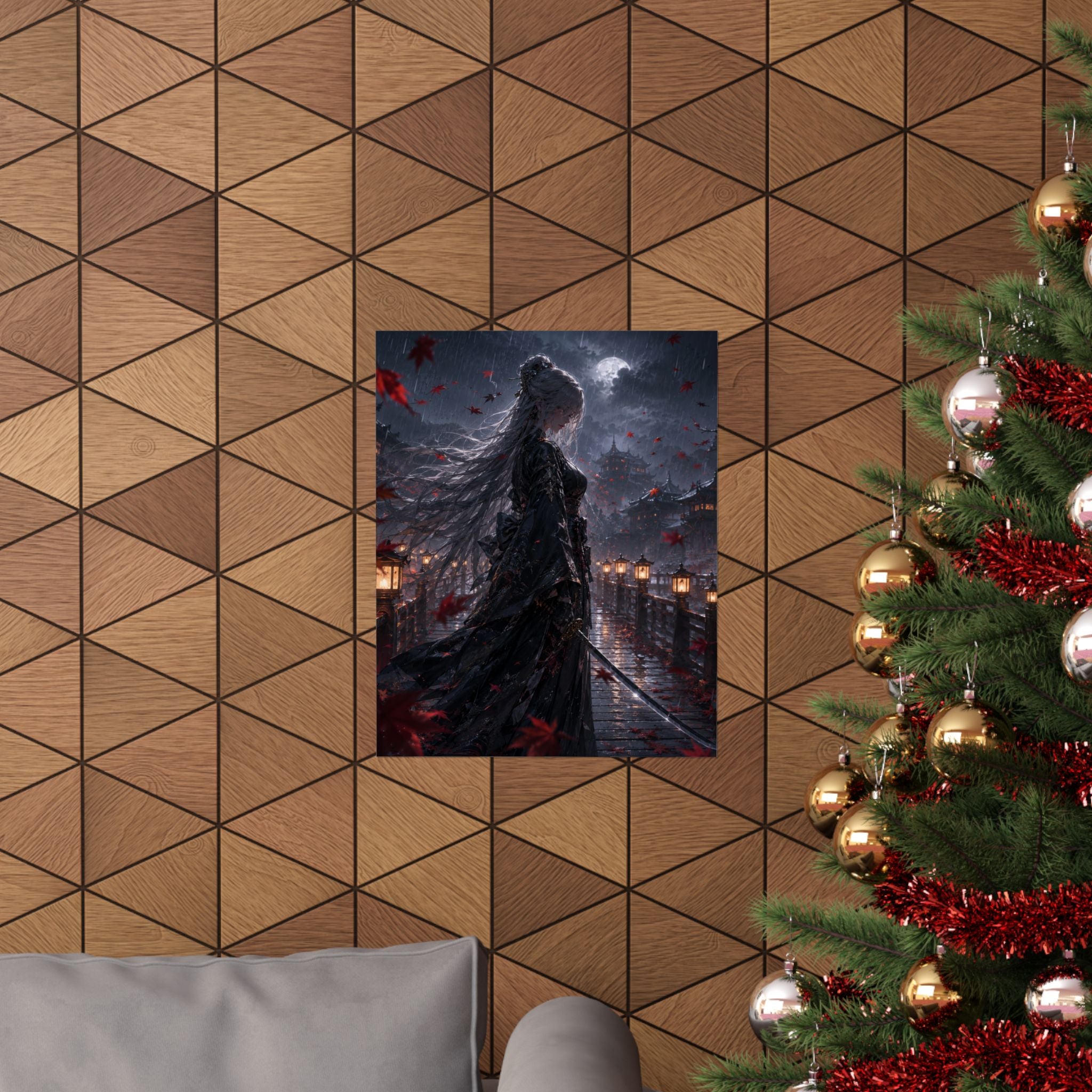 Moonlit Samurai Woman Poster | Matte Vertical Poster, Dark Fantasy, Rainy Night