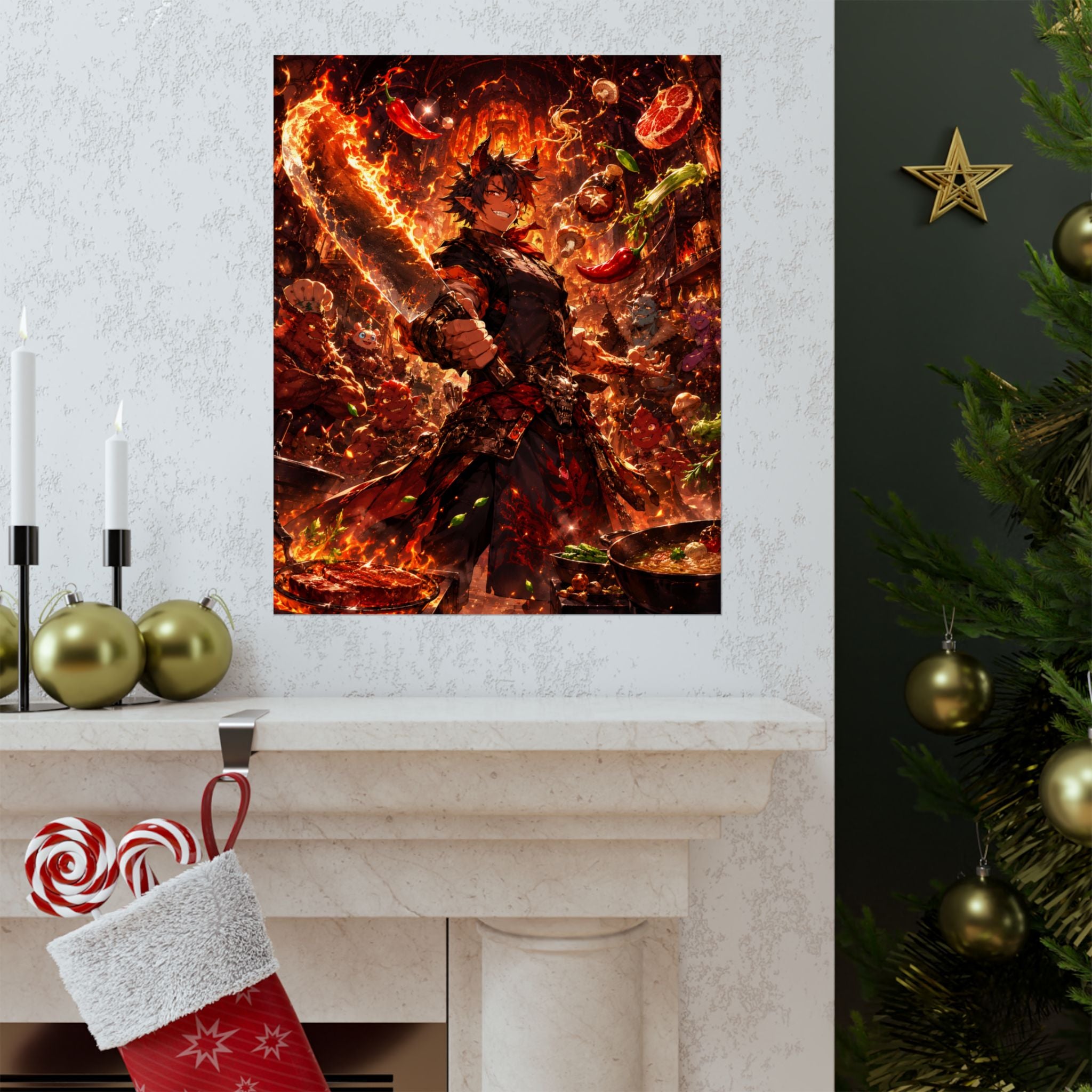 Fiery Anime Chef Matte Vertical Poster | Spicy Cooking Illustration
