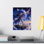 Female Space Warrior fantasy art Matte Vertical Poster | celestial planets, floating island