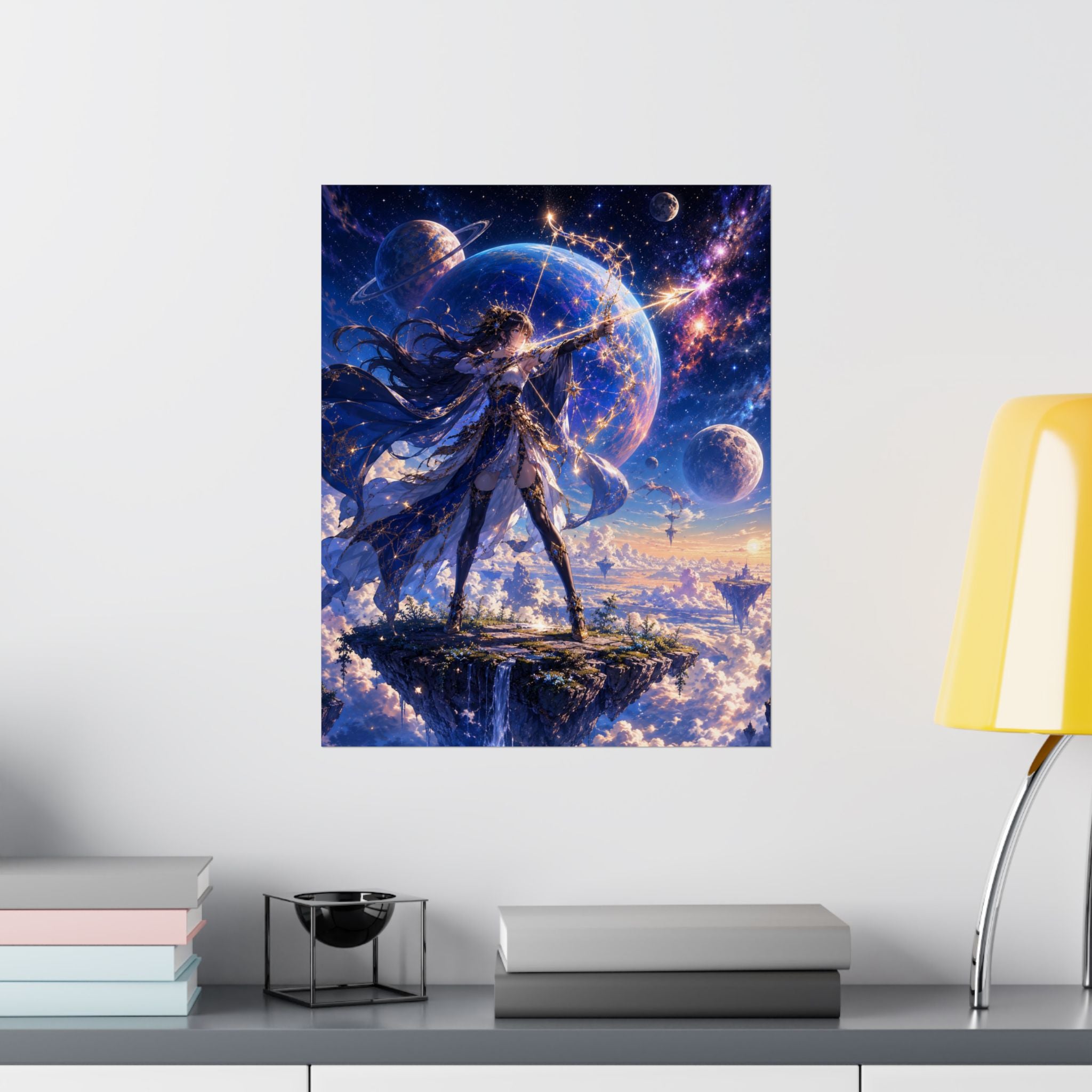 Female Space Warrior fantasy art Matte Vertical Poster | celestial planets, floating island