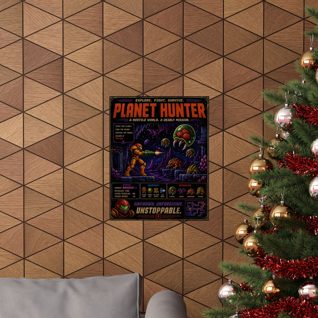 Planet Hunter Retro Gaming Poster — Retro Sci‑Fi Matte Vertical Wall Art