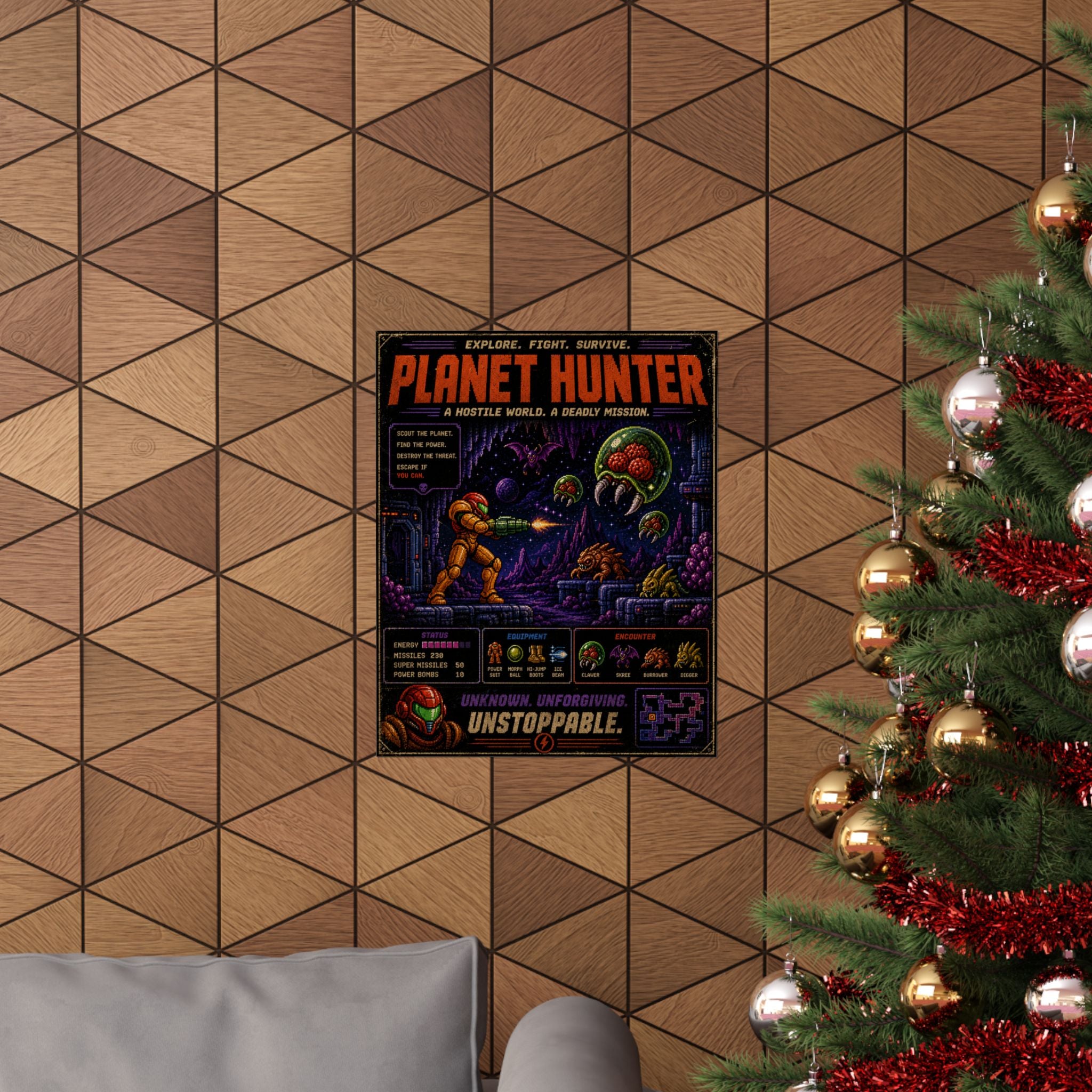 Planet Hunter Retro Gaming Poster — Retro Sci‑Fi Matte Vertical Wall Art