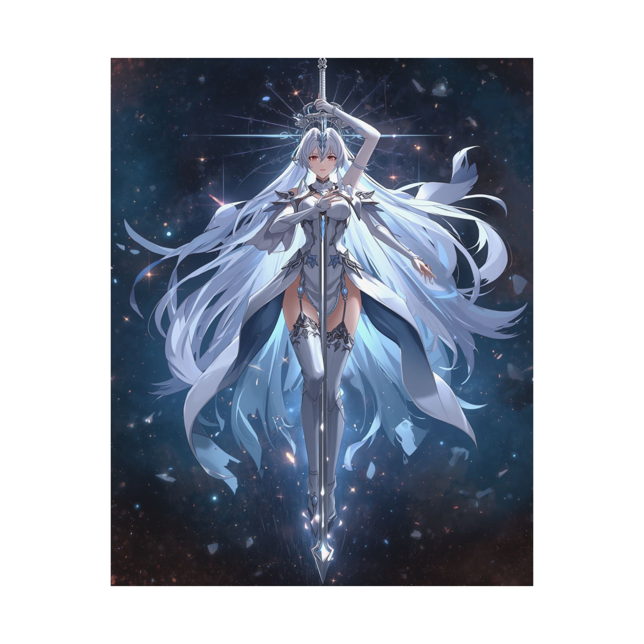 Fantasy Anime Sword Maiden Poster — Ethereal White-Haired Warrior Wall Art