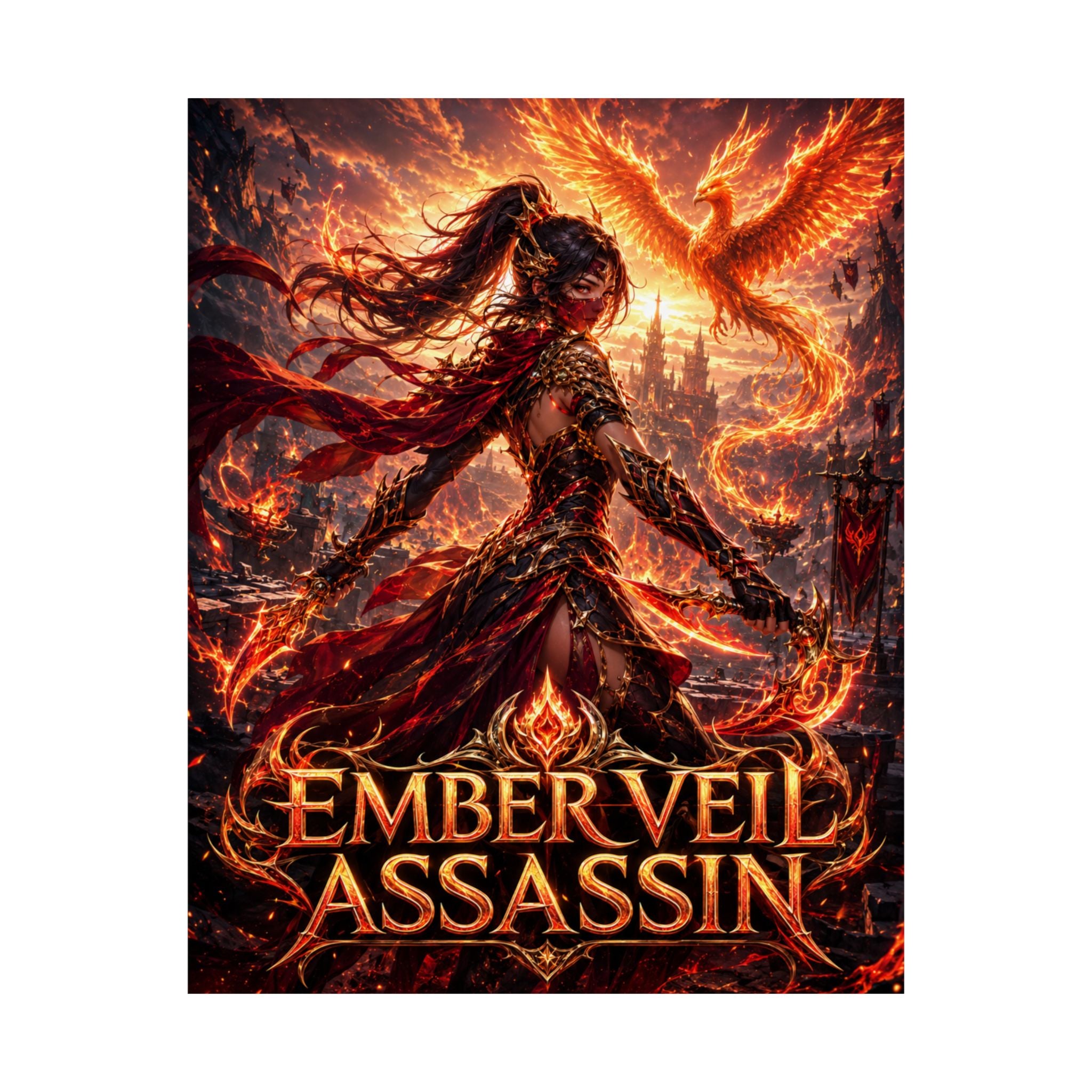 Ember Veil Assassin Poster — Fiery Fantasy MOBA Wall Art