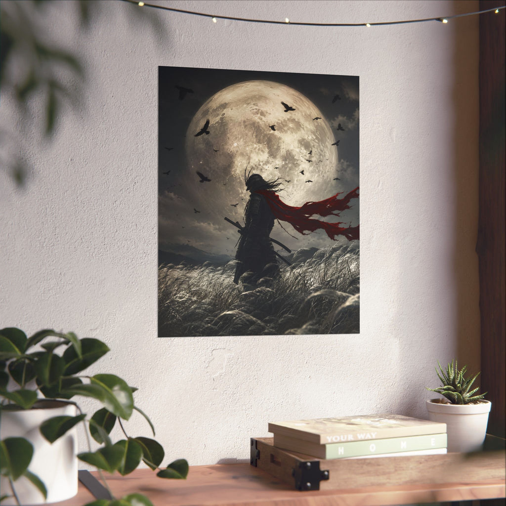 Samurai Moonlight Matte Poster | Dark Fantasy, Red Scarf, Full Moon