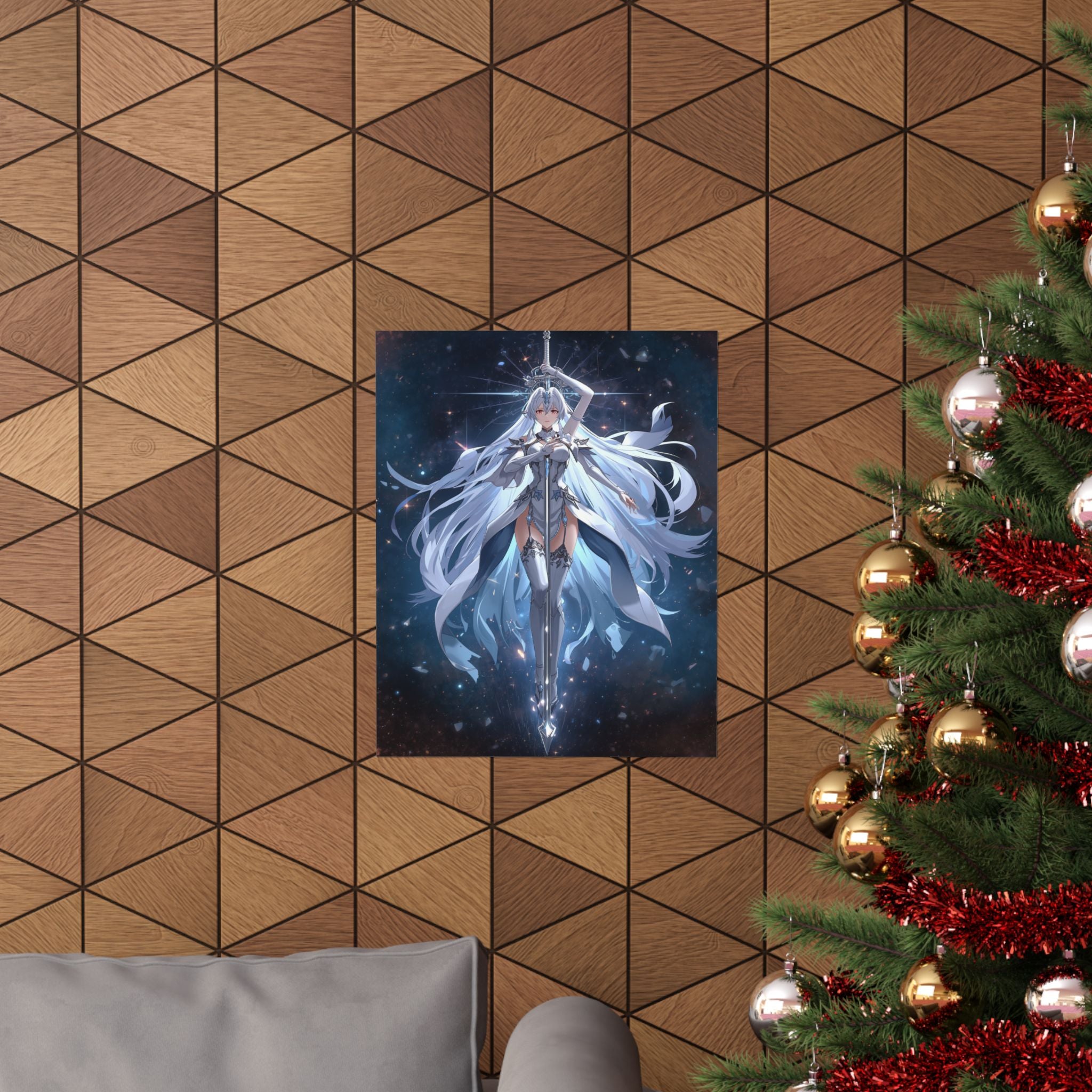 Fantasy Anime Sword Maiden Poster — Ethereal White-Haired Warrior Wall Art