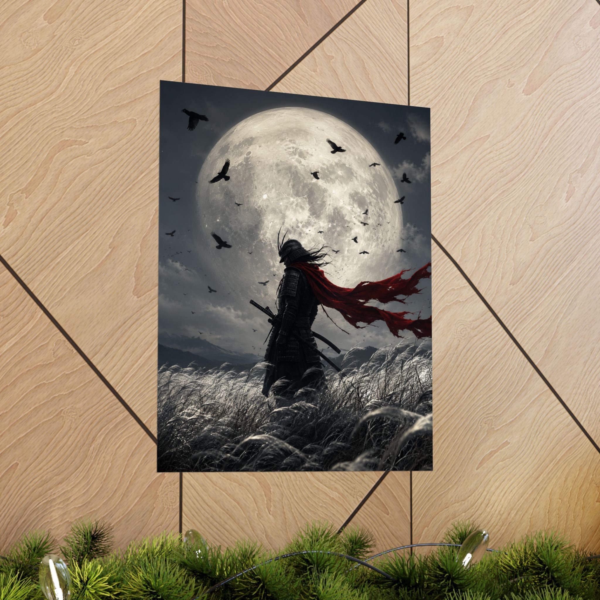 Samurai Moonlight Matte Poster | Dark Fantasy, Red Scarf, Full Moon