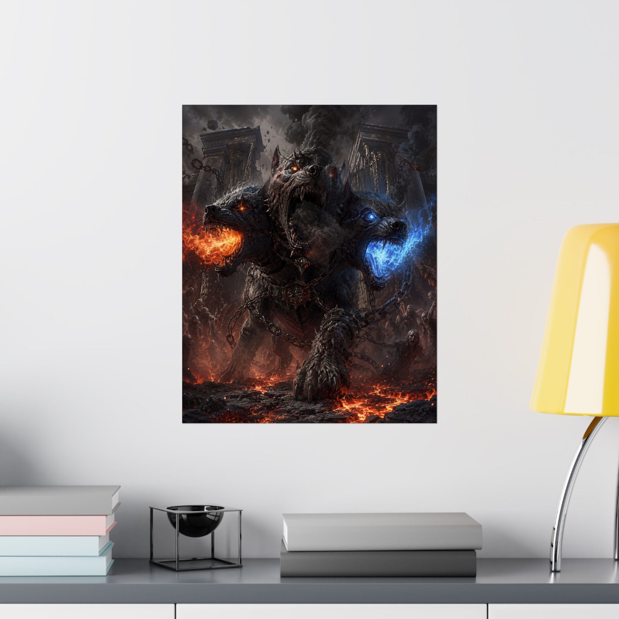 Three-Headed Cerberus Matte Vertical Poster | Fire and Ice Mythic Creature