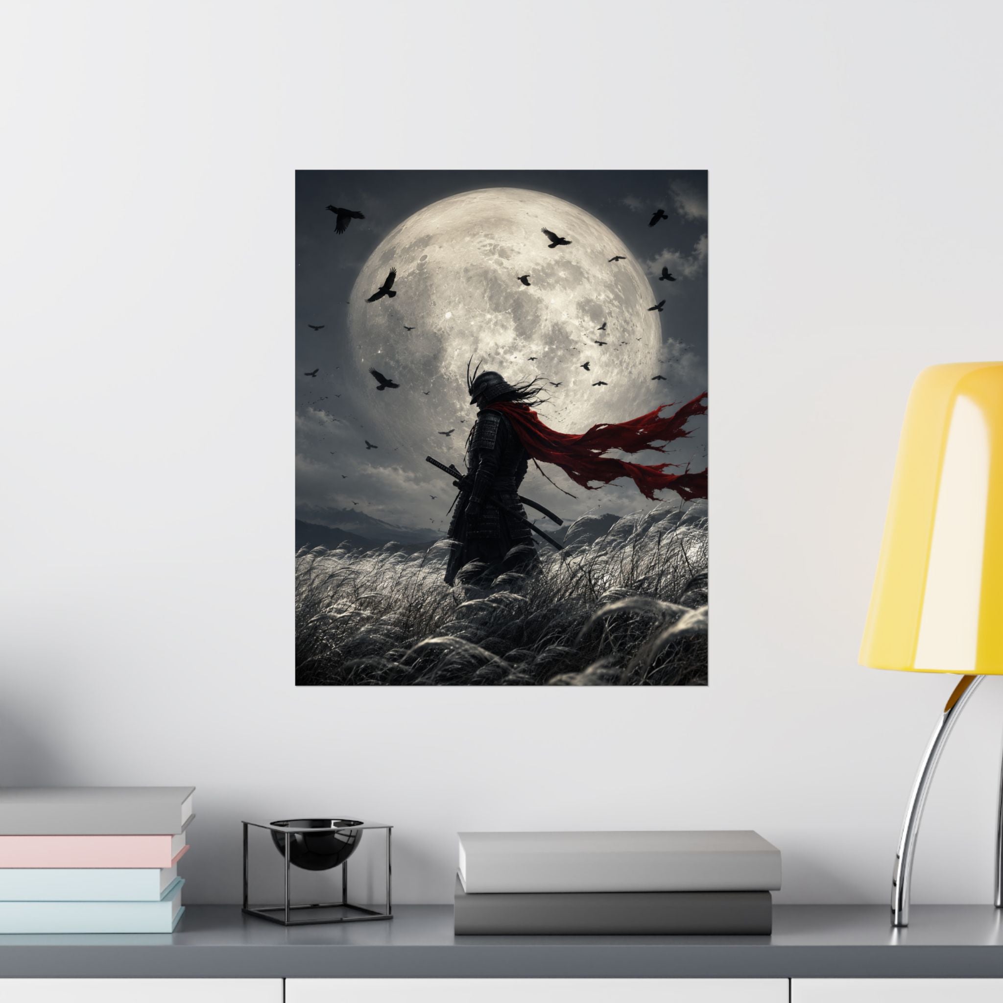 Samurai Moonlight Matte Poster | Dark Fantasy, Red Scarf, Full Moon