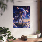 Female Space Warrior fantasy art Matte Vertical Poster | celestial planets, floating island
