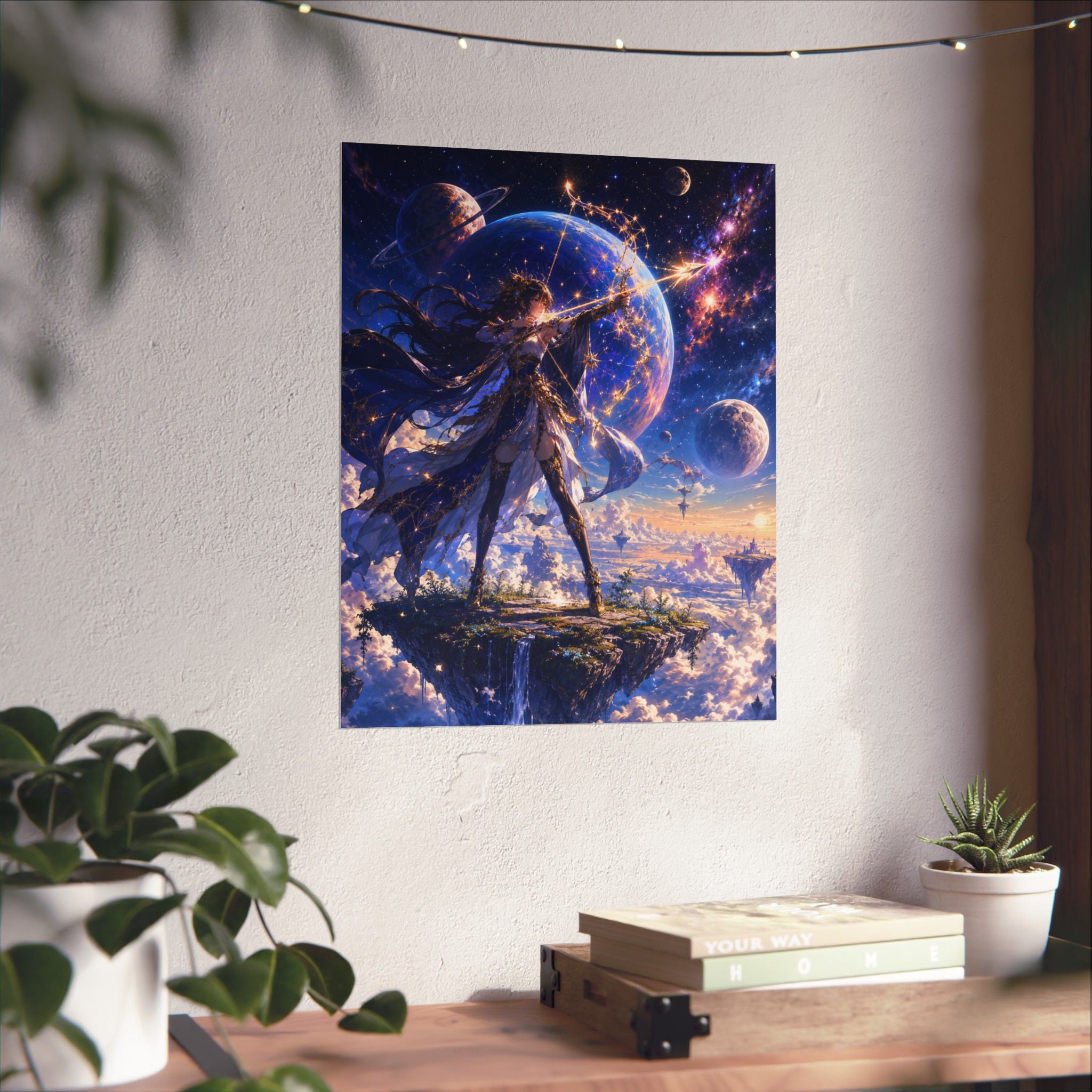 Female Space Warrior fantasy art Matte Vertical Poster | celestial planets, floating island