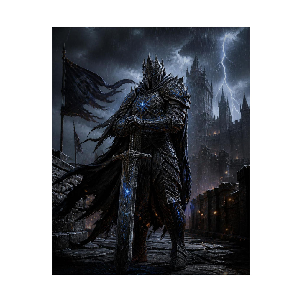Dark Fantasy Knight Poster — Gothic Castle, Lightning & Armored Warrior