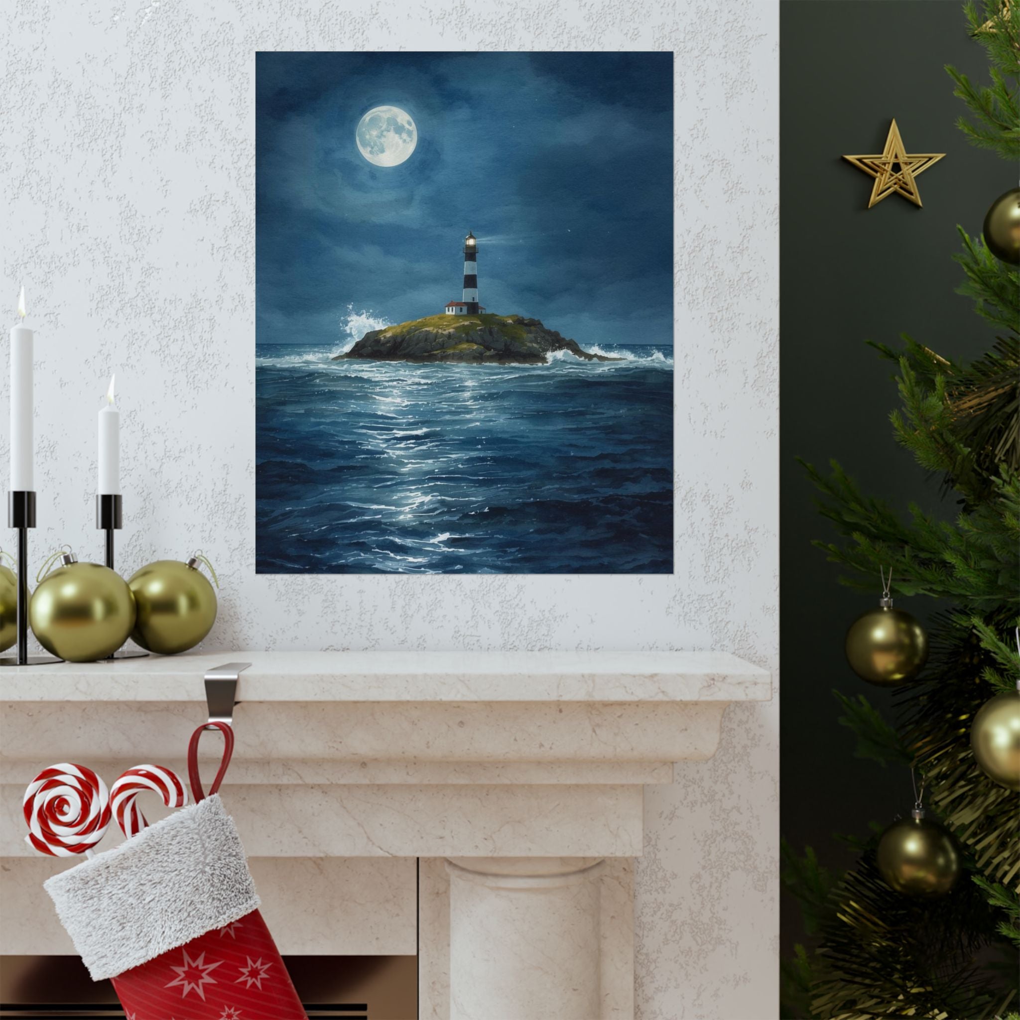Moonlit Lighthouse Poster, Nautical Wall Art, Coastal Home Decor, Maritime Gift, Seaside Artwork, Ocean Lover's Decor