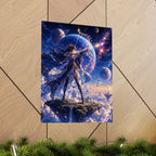Female Space Warrior fantasy art Matte Vertical Poster | celestial planets, floating island