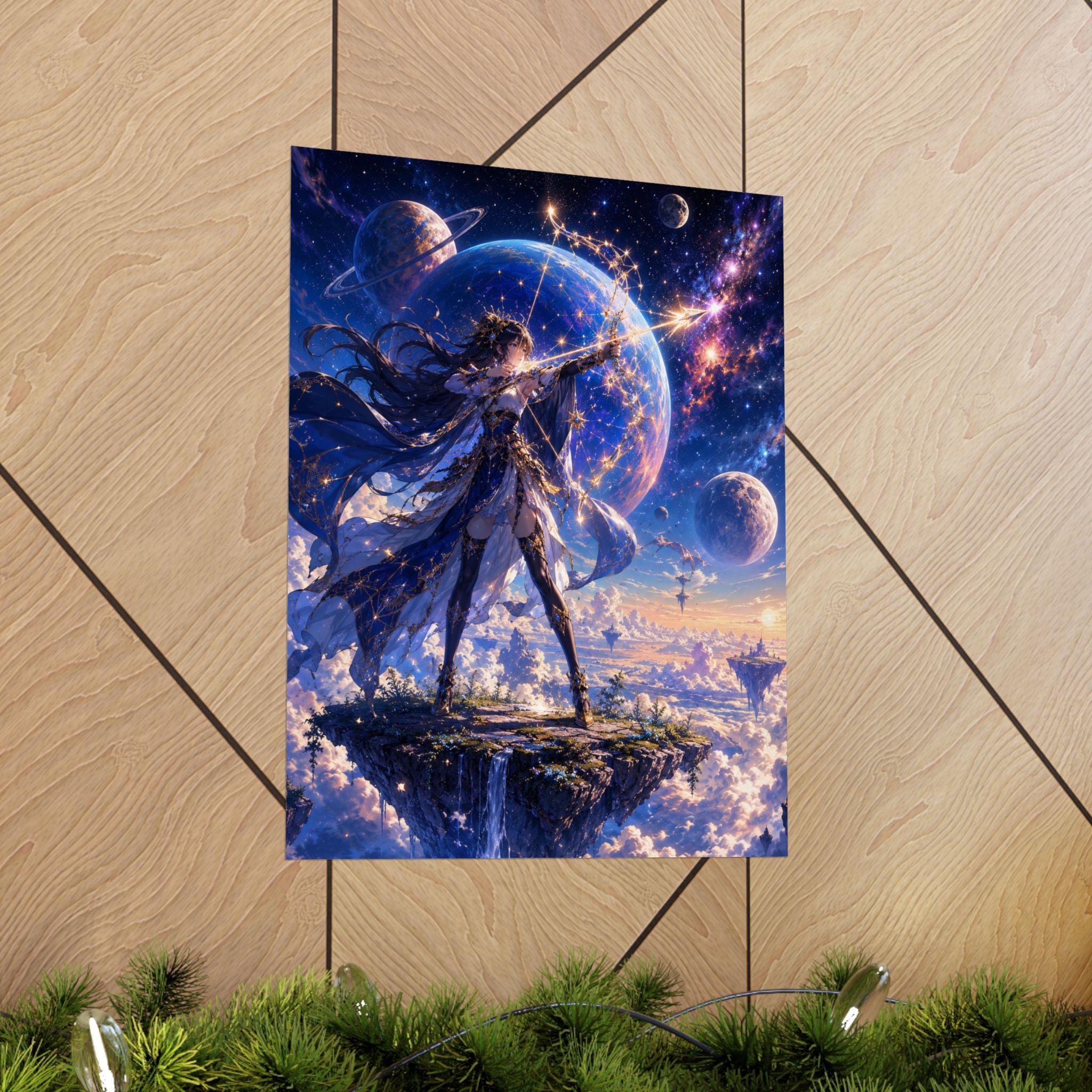 Female Space Warrior fantasy art Matte Vertical Poster | celestial planets, floating island