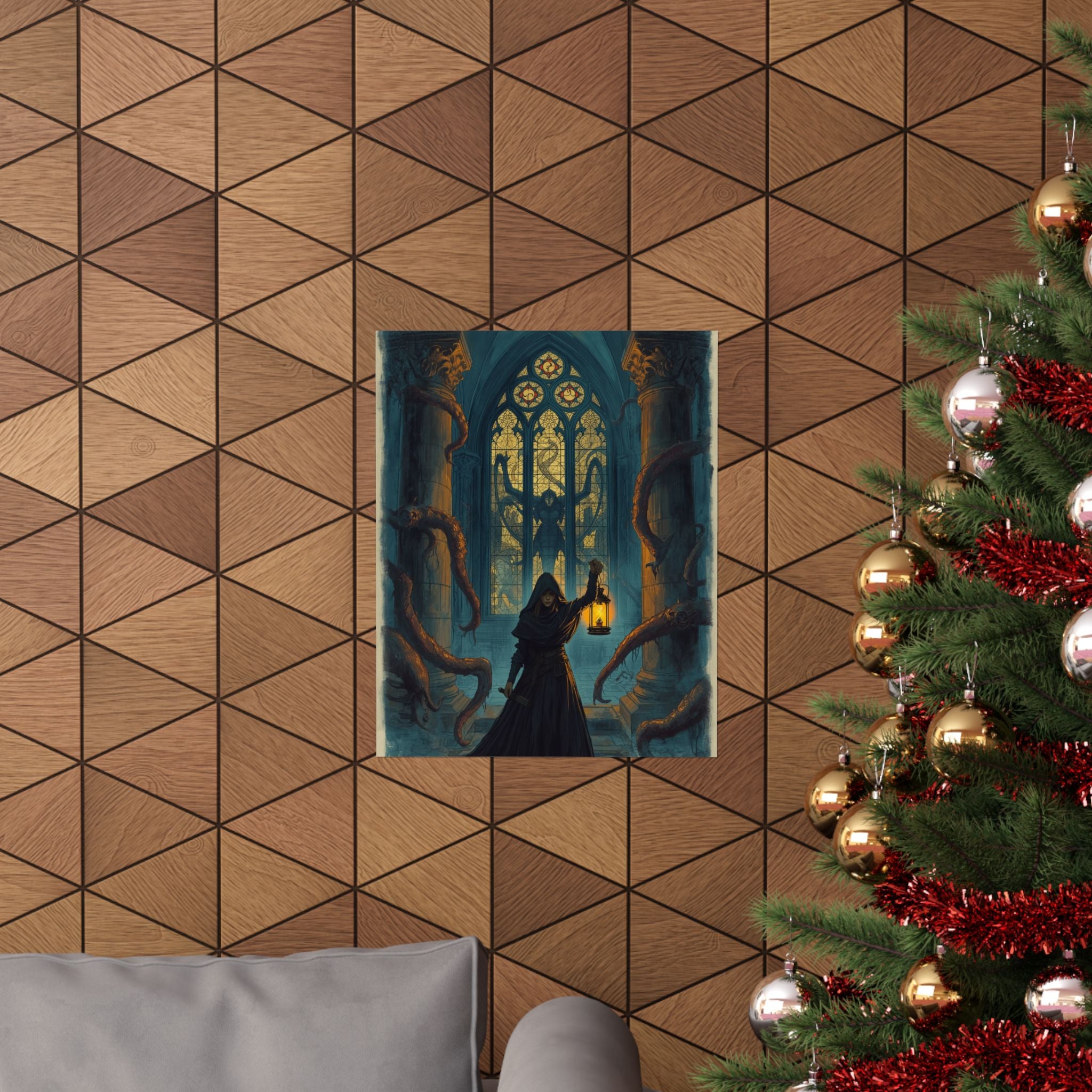 Gothic Lantern Poster — Hooded Explorer in Cathedral with Tentacles