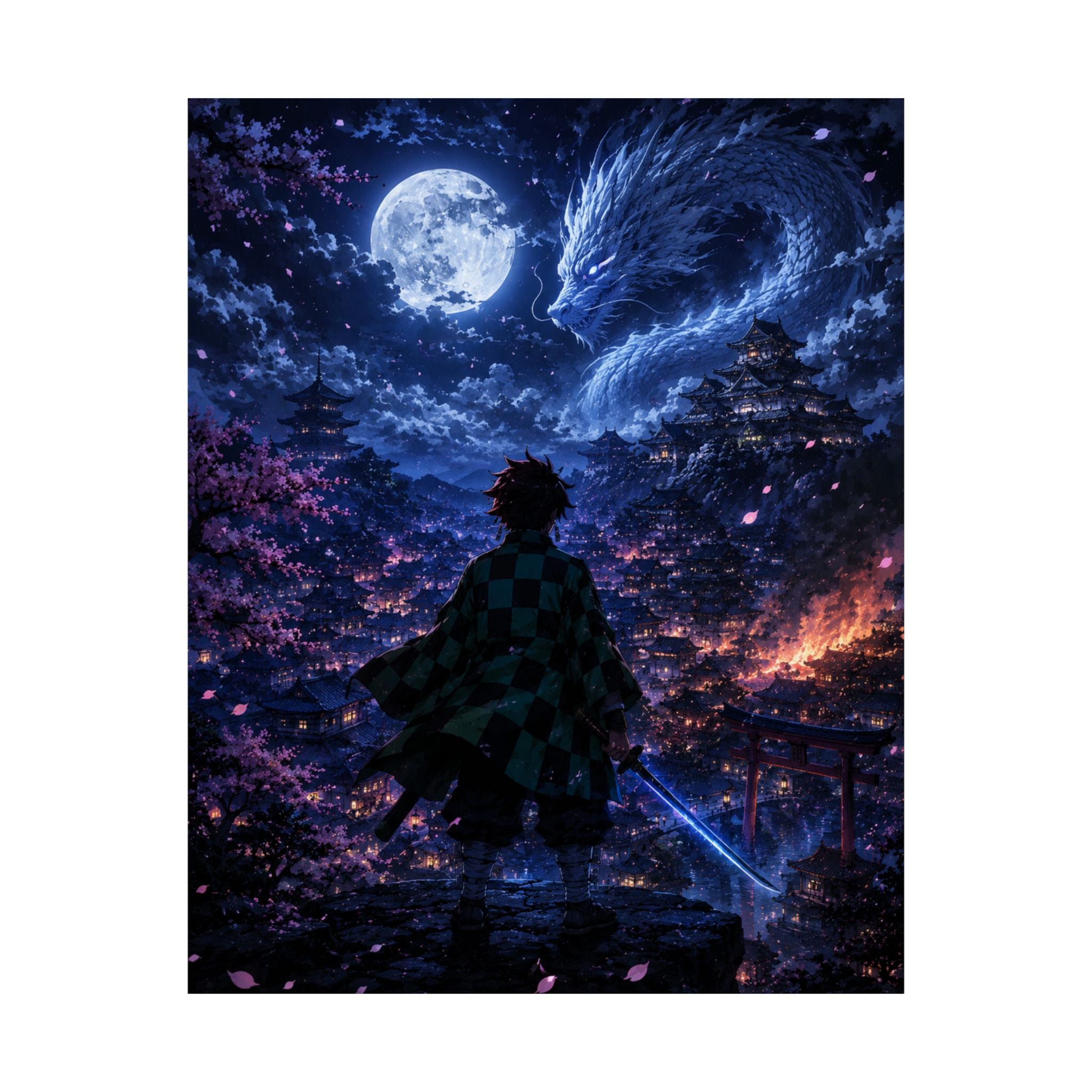 Demon Slayer Anime Art Poster — Moonlit Dragon Scene Anime Art