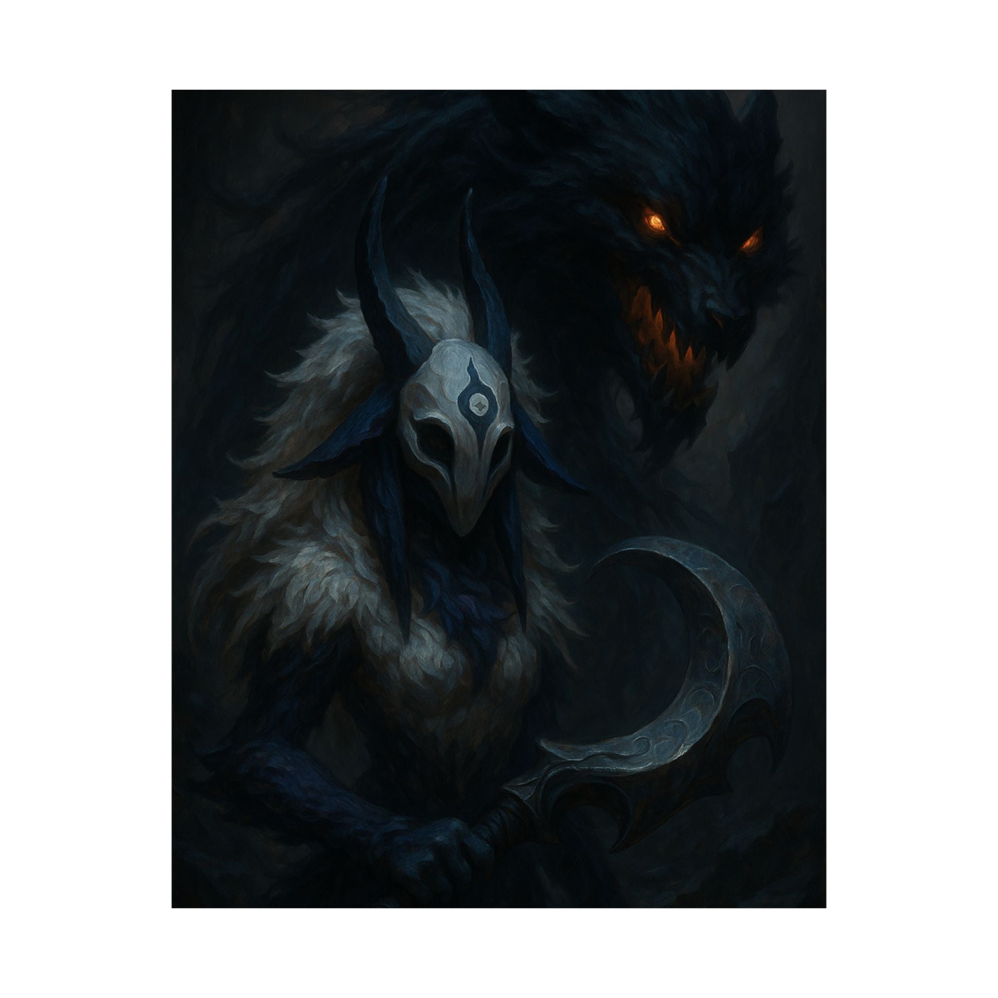 Dark Fantasy Poster - Crescent Blade Raven Mask Warrior Matte Vertical Art Print