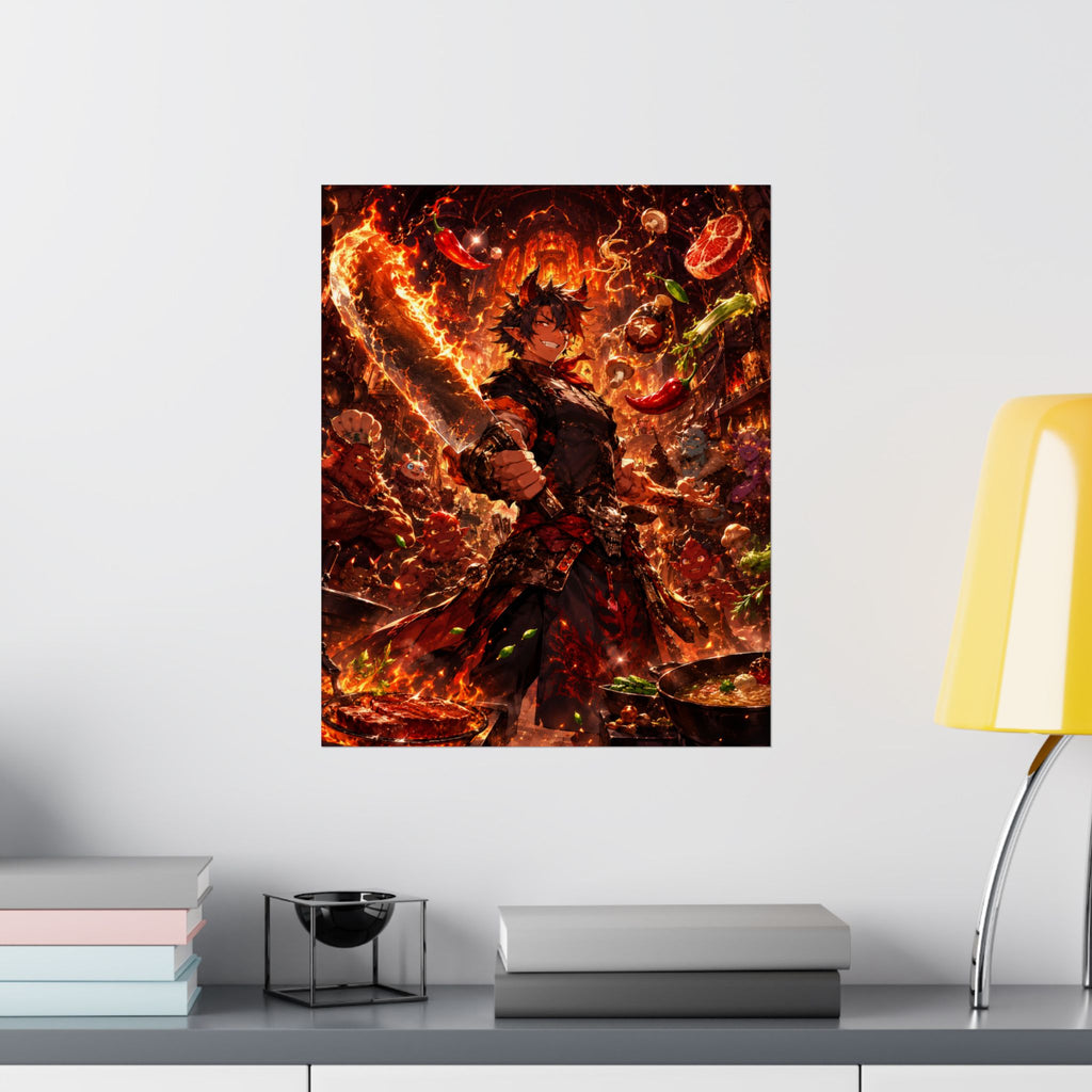 Fiery Anime Chef Matte Vertical Poster | Spicy Cooking Illustration