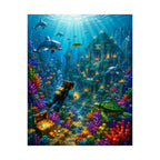 Underwater Treasure Poster — Sunlit Ocean Ruins Matte Vertical Art