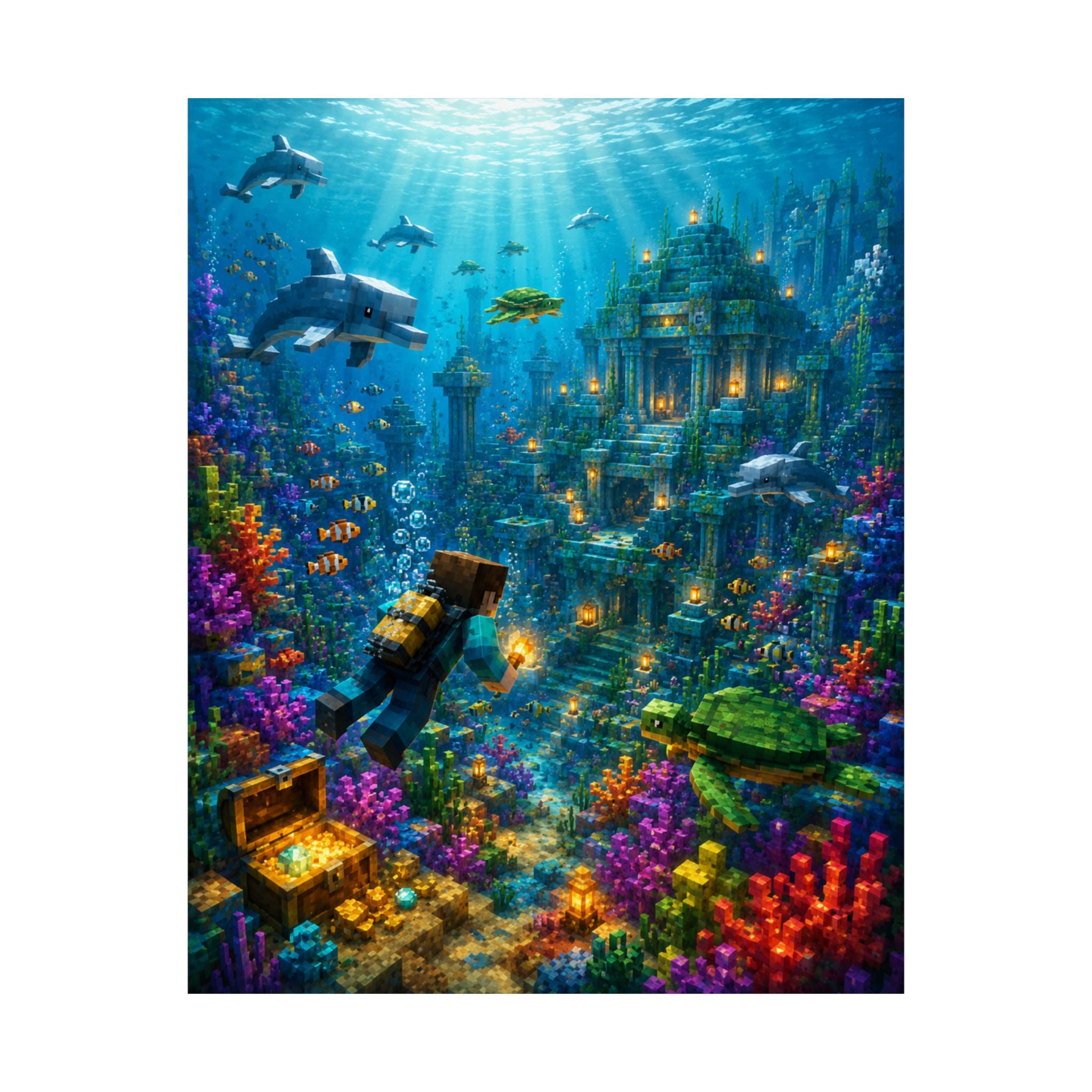 Underwater Treasure Poster — Sunlit Ocean Ruins Matte Vertical Art