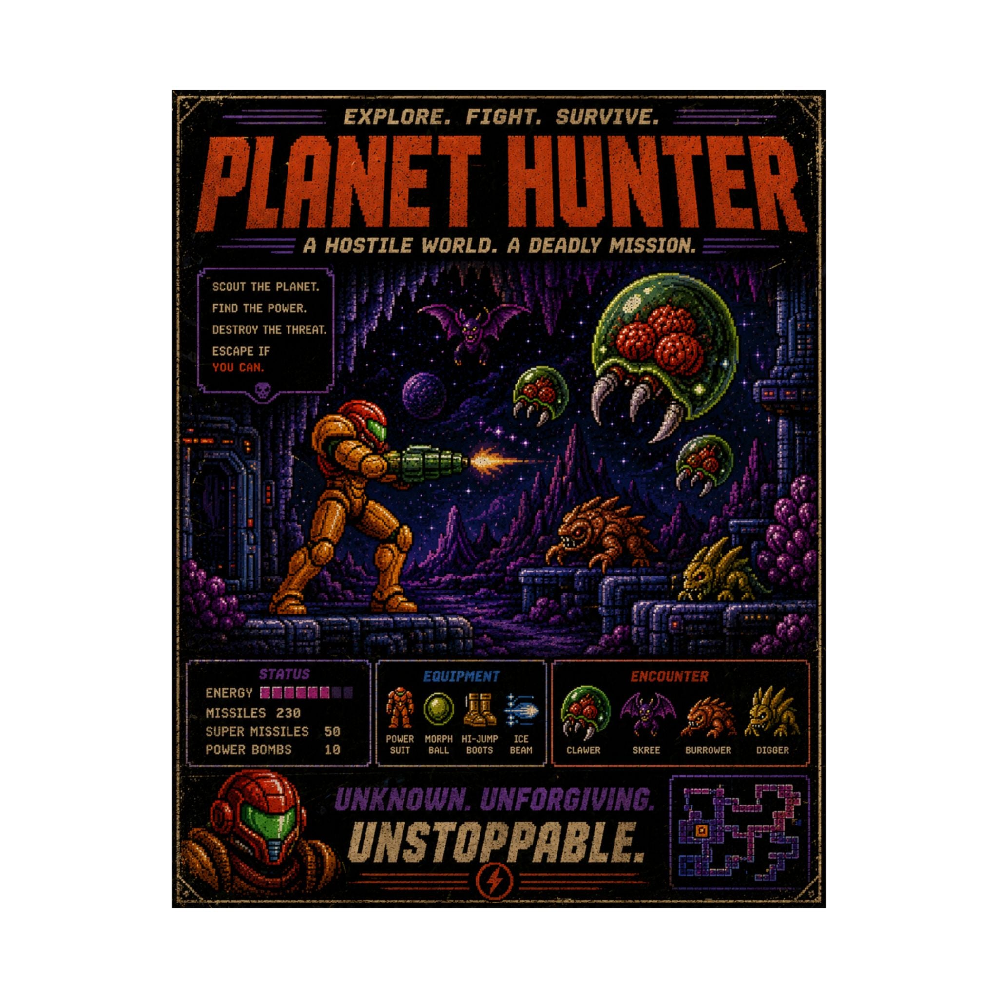Planet Hunter Retro Gaming Poster — Retro Sci‑Fi Matte Vertical Wall Art