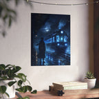 Mystic Night Train Matte Vertical Poster | Blue Moon, Foggy Platform