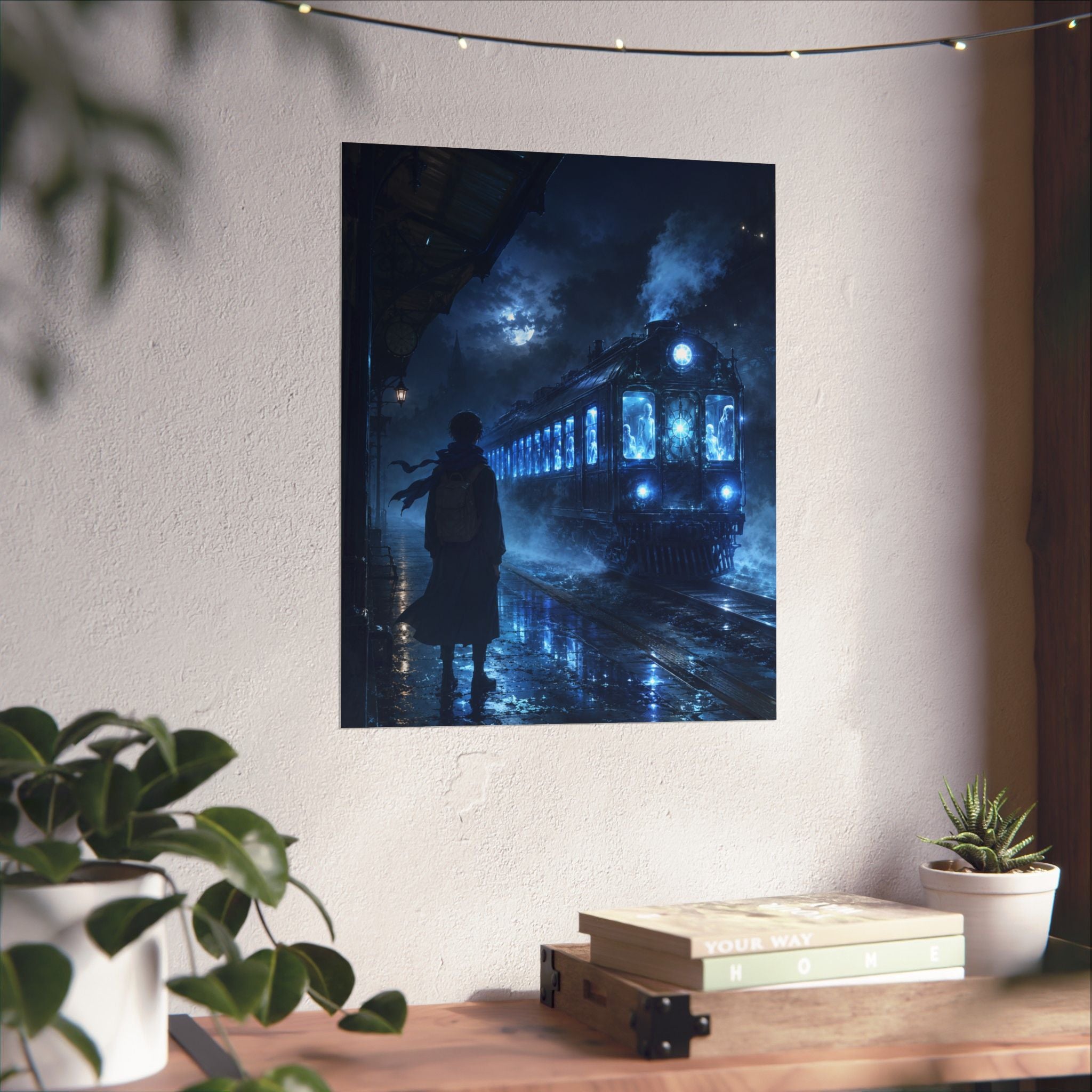 Mystic Night Train Matte Vertical Poster | Blue Moon, Foggy Platform