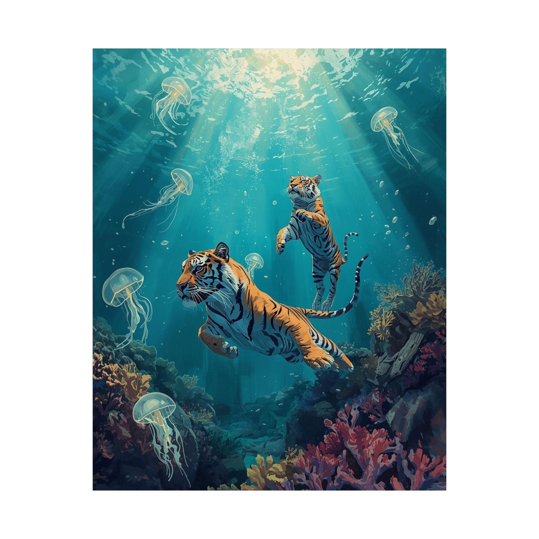 Underwater Tiger Adventure Posters, Ocean Decor, Animal Print Art, Jungle Wall Art, Gifts for Animal Lovers, Underwater Wall Aesthetic