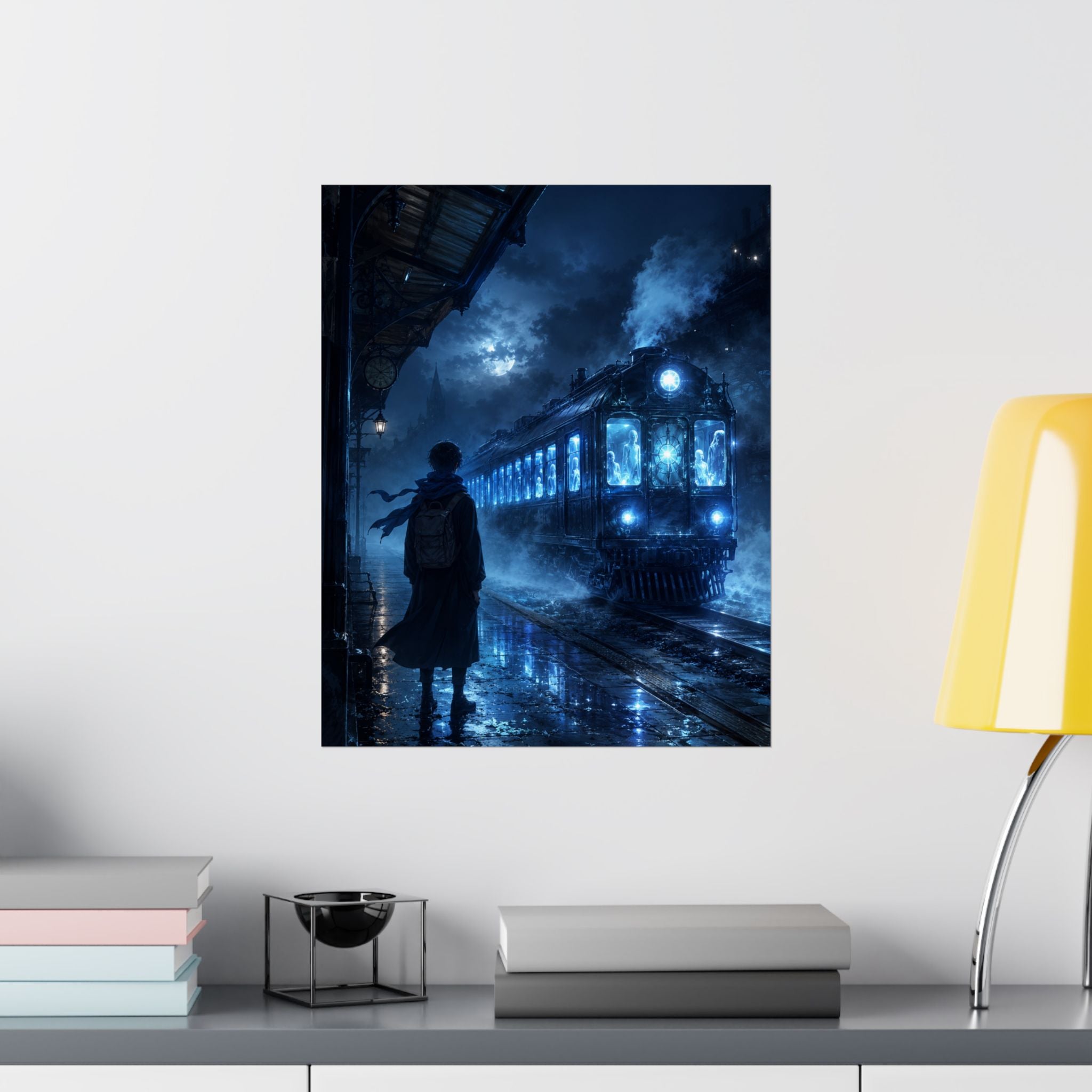 Mystic Night Train Matte Vertical Poster | Blue Moon, Foggy Platform