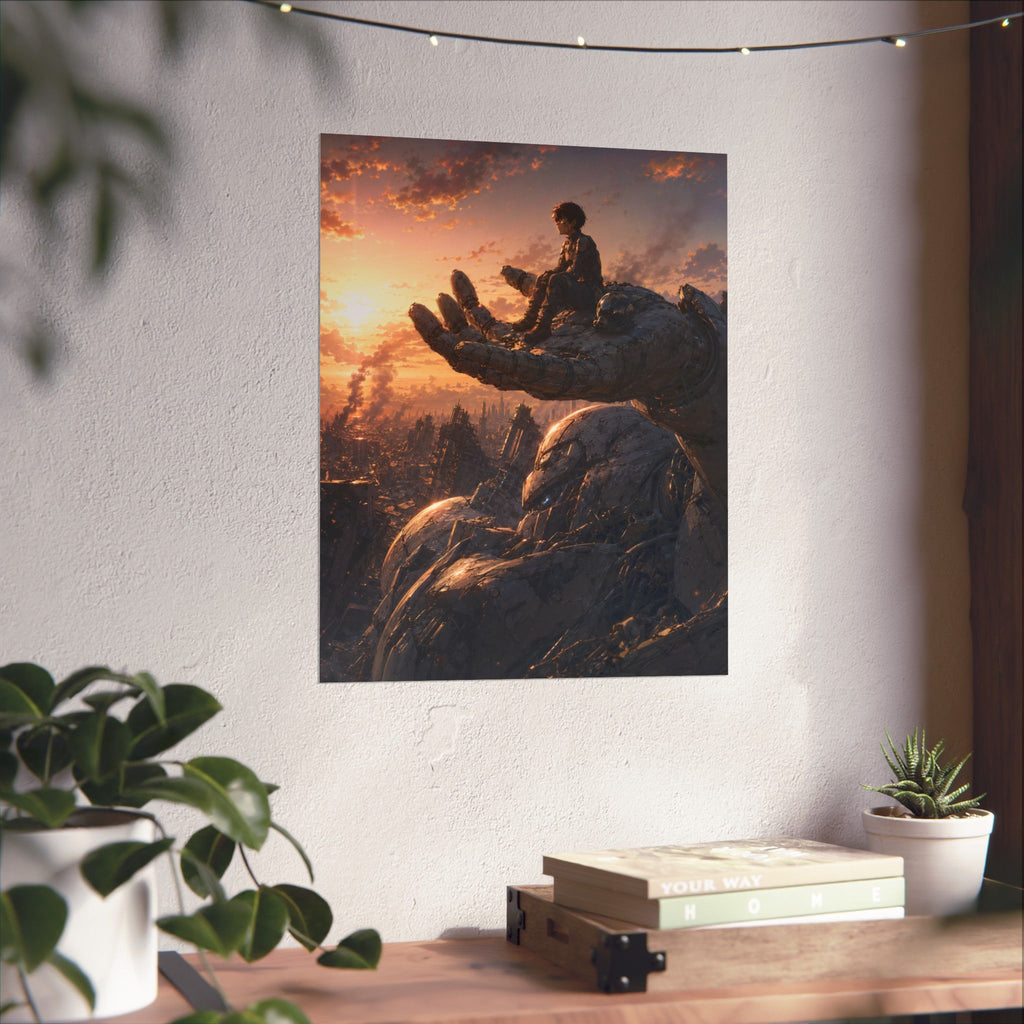 Boy on Giant Robot Hand Poster | Matte Vertical Poster, Fantasy Sunset