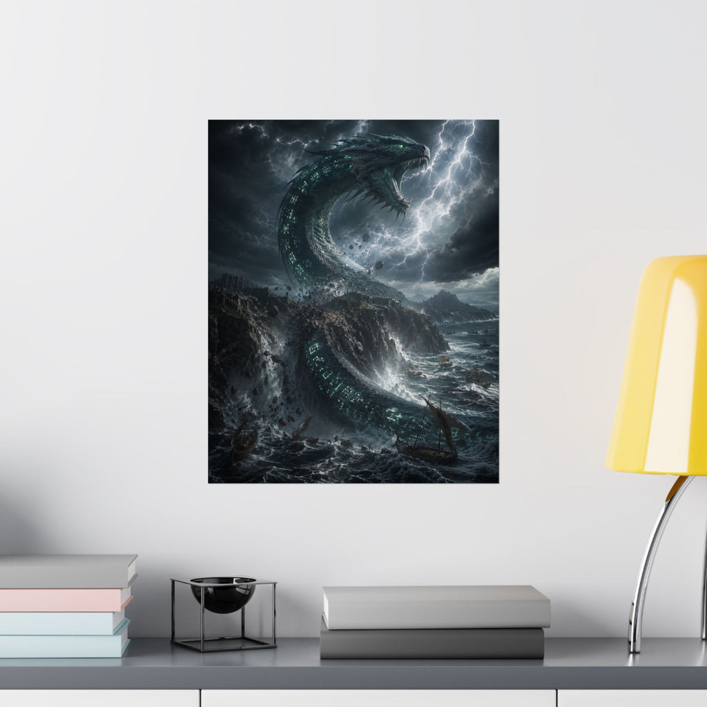 Kraken Sea Monster Matte Vertical Poster | Stormy Ocean Mythical Creature Art
