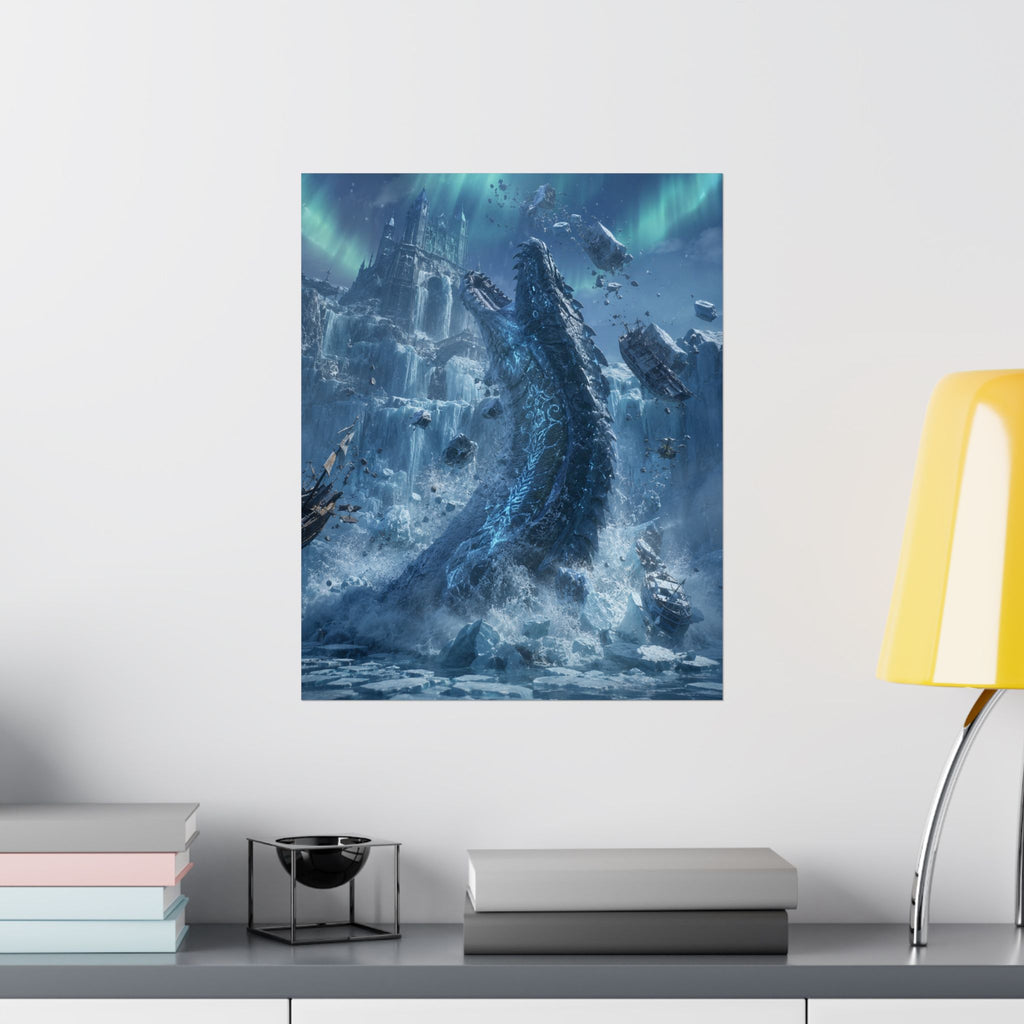 Ice Dragon Rising Poster | Fantasy Kraken Creature Matte Vertical Print