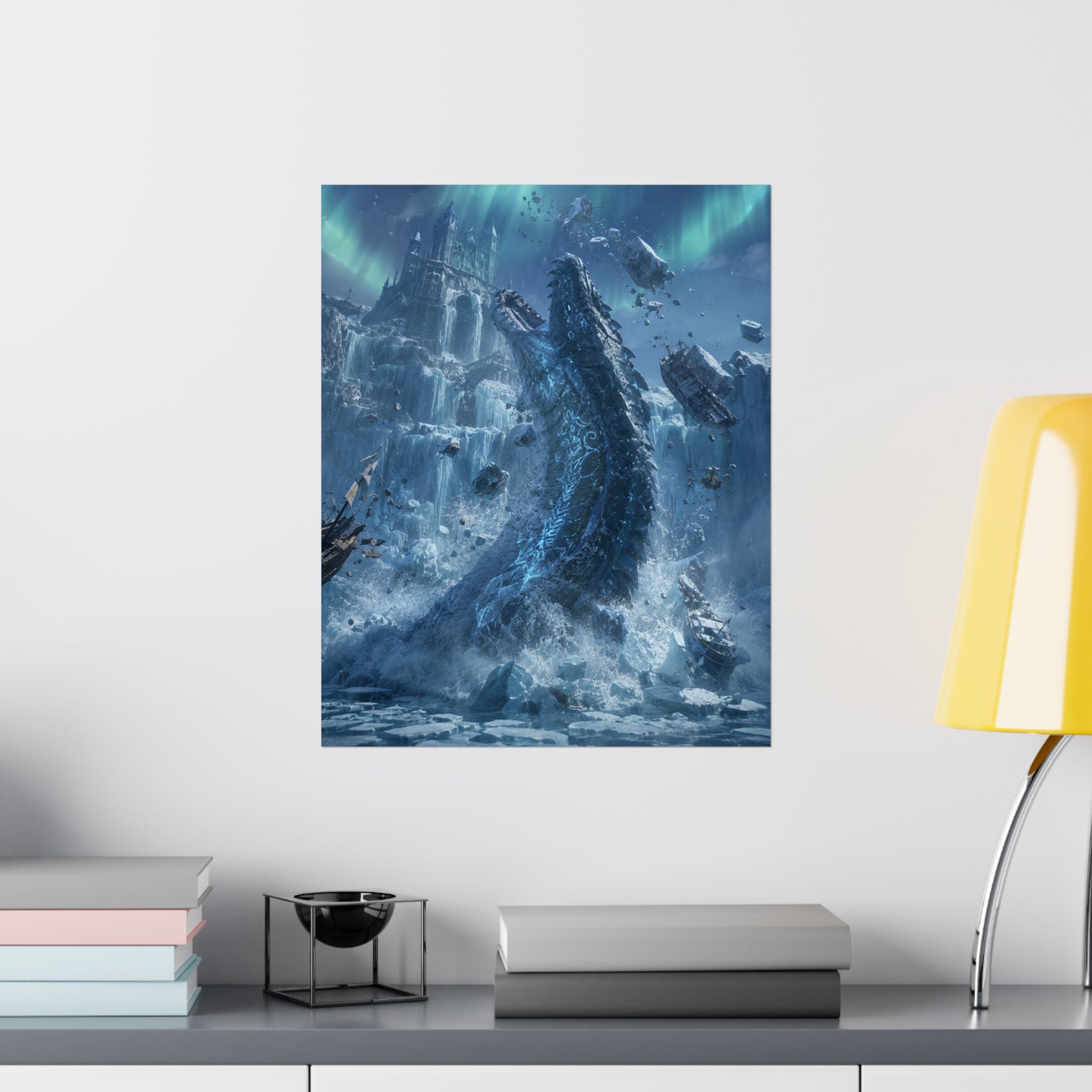 Ice Dragon Rising Poster | Fantasy Kraken Creature Matte Vertical Print