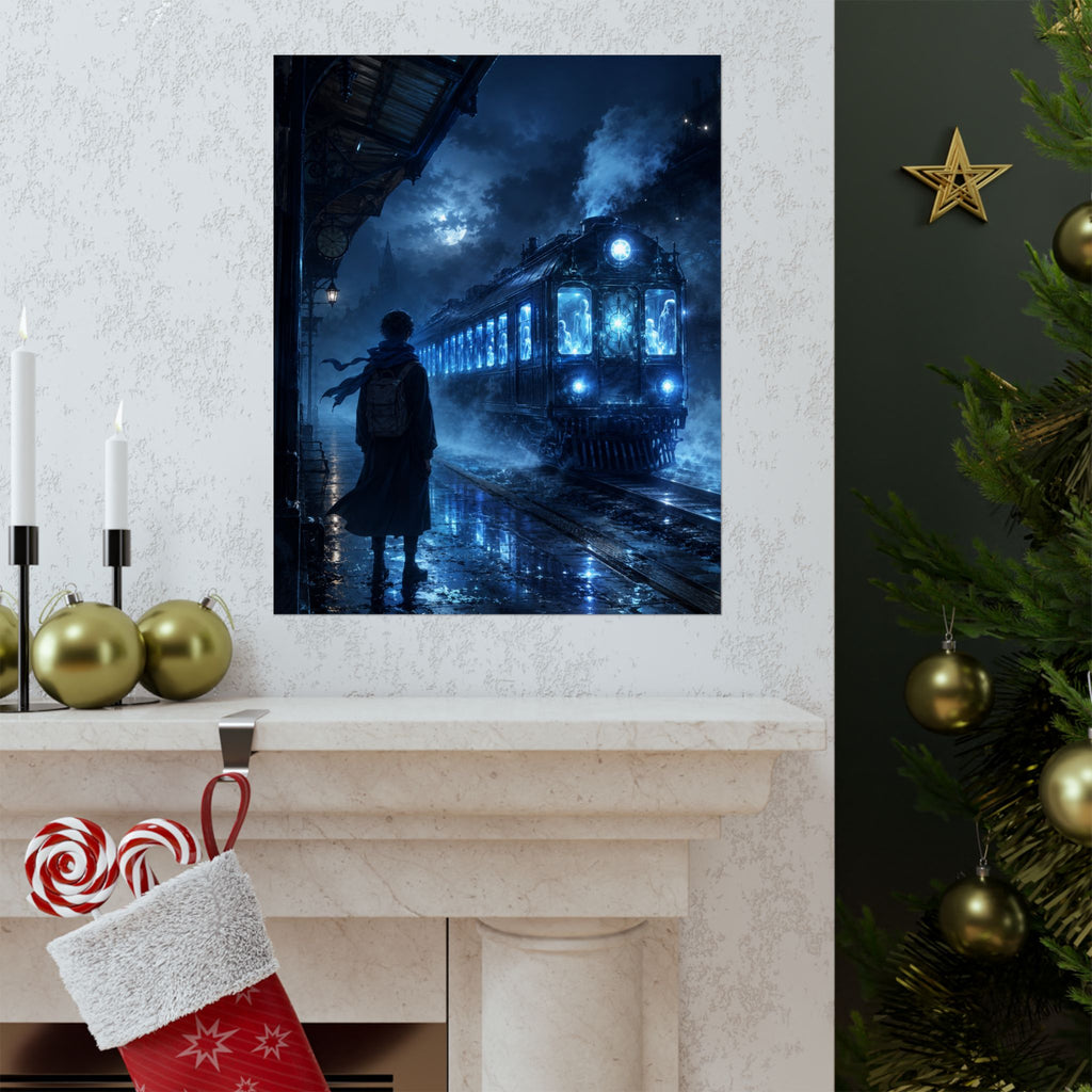 Mystic Night Train Matte Vertical Poster | Blue Moon, Foggy Platform