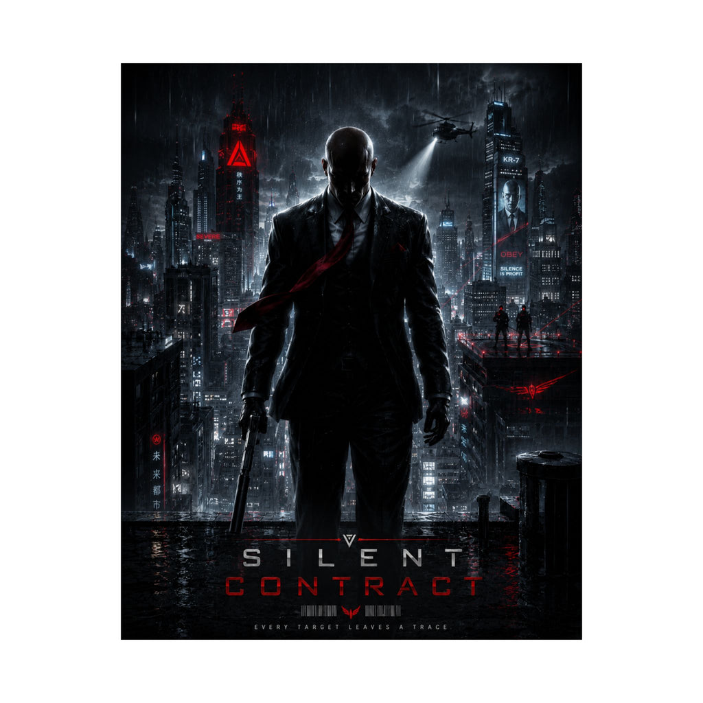 Silent Contract Gaming Poster — Neo‑Noir Hitman Cityscape