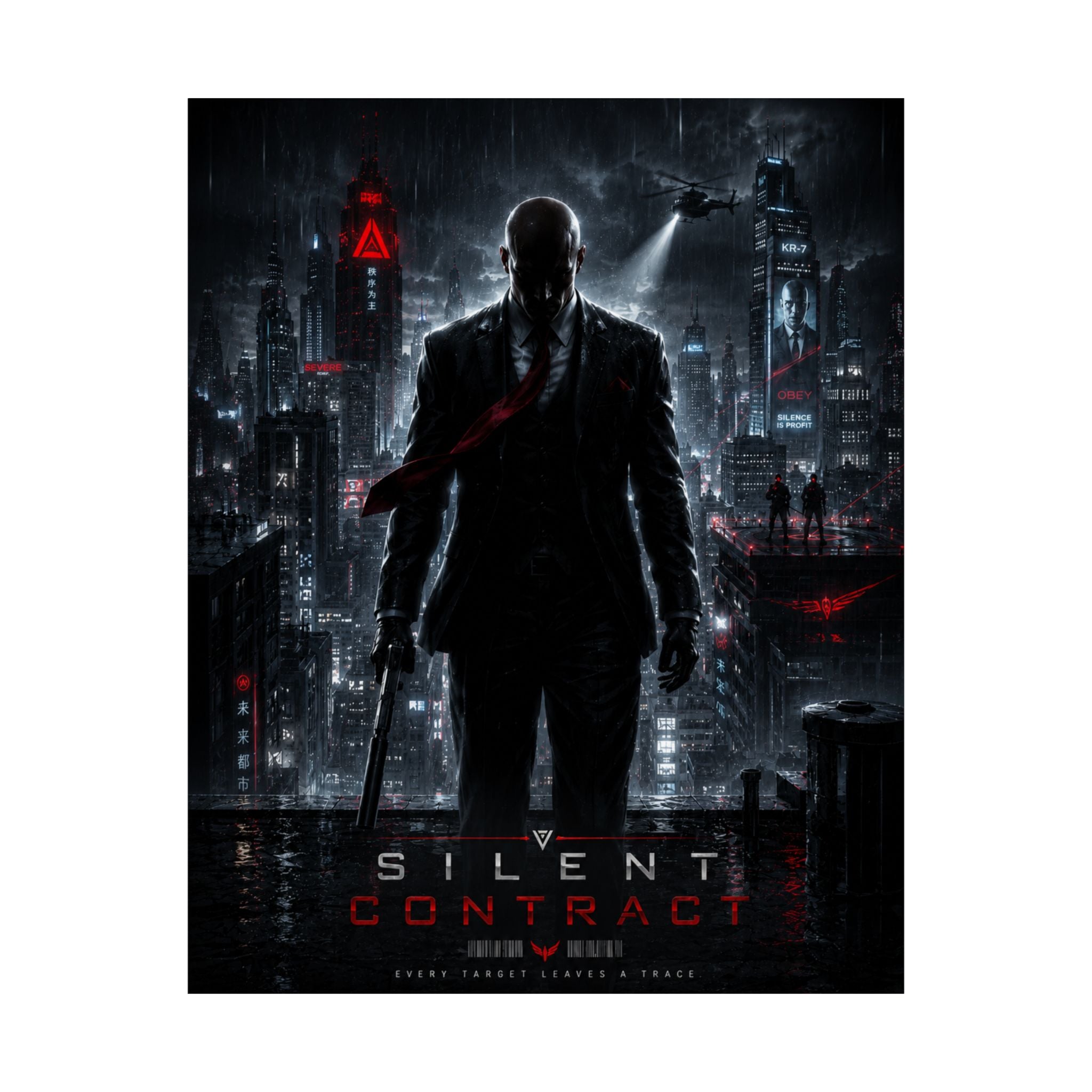 Silent Contract Gaming Poster — Neo‑Noir Hitman Cityscape