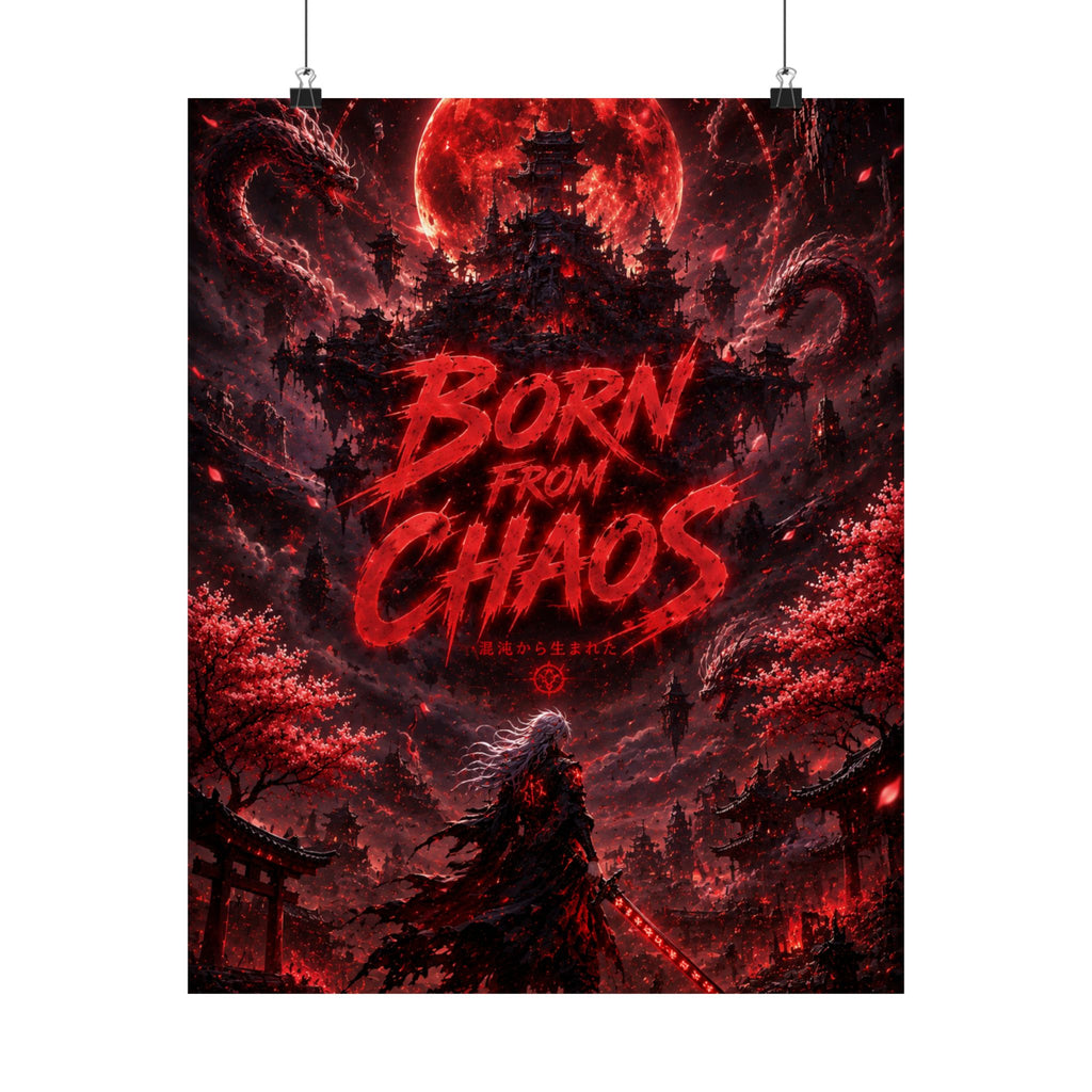 Born From Chaos Gaming Poster — Dark Fantasy Red Samurai Gaming Wall Art