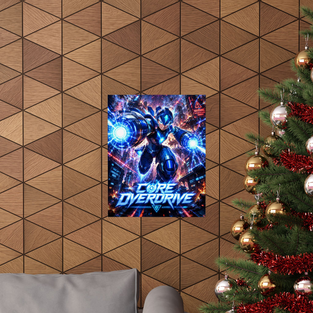 Core Overdrive NES Gaming Poster — Futuristic Blue Mega-Robot Gaming Wall Art