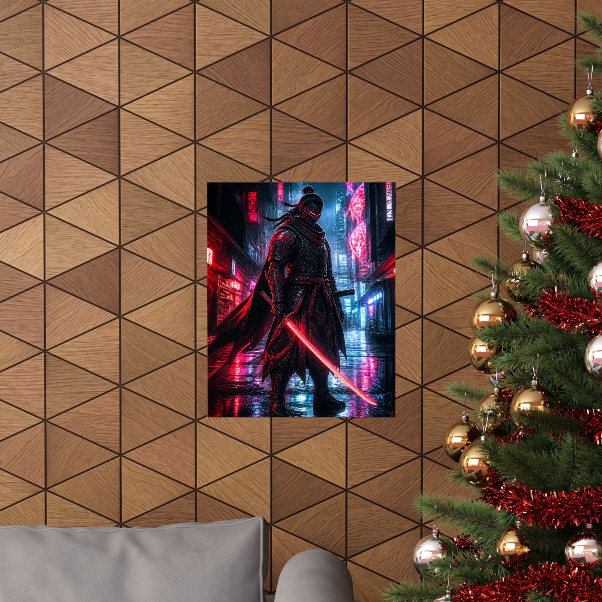 Cyber Samurai Poster — Neon City Warrior Vertical Art Print