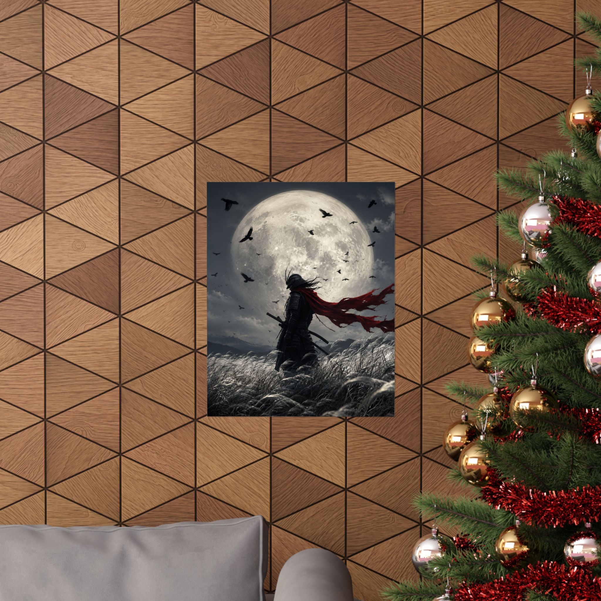 Samurai Moonlight Matte Poster | Dark Fantasy, Red Scarf, Full Moon