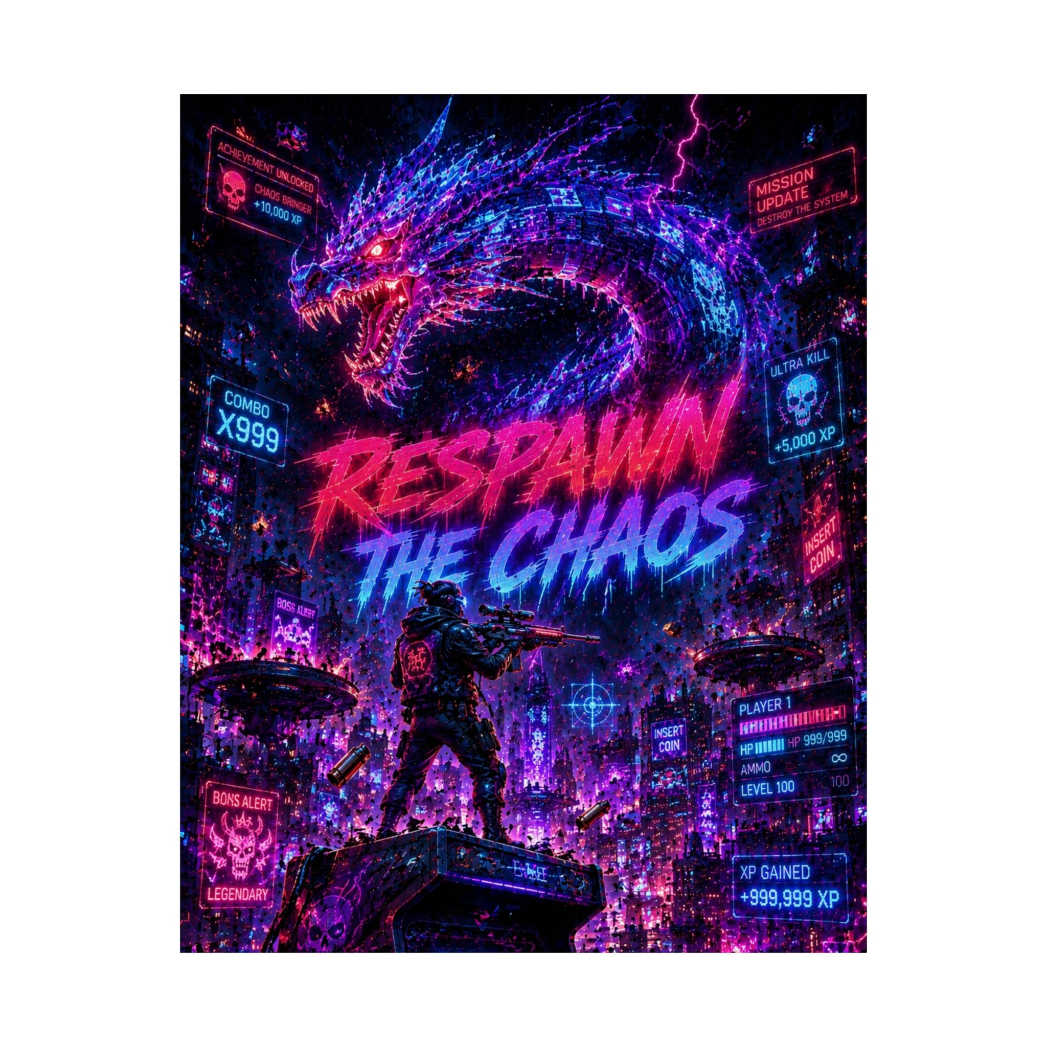 Respawn the Chaos Gaming Poster — Neon Cyberpunk Dragon Gaming Art