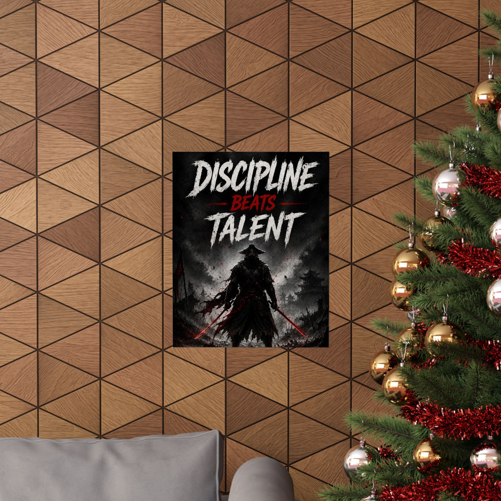Discipline Beats Talent Gaming Poster — Samurai Motivational Matte Vertical Art