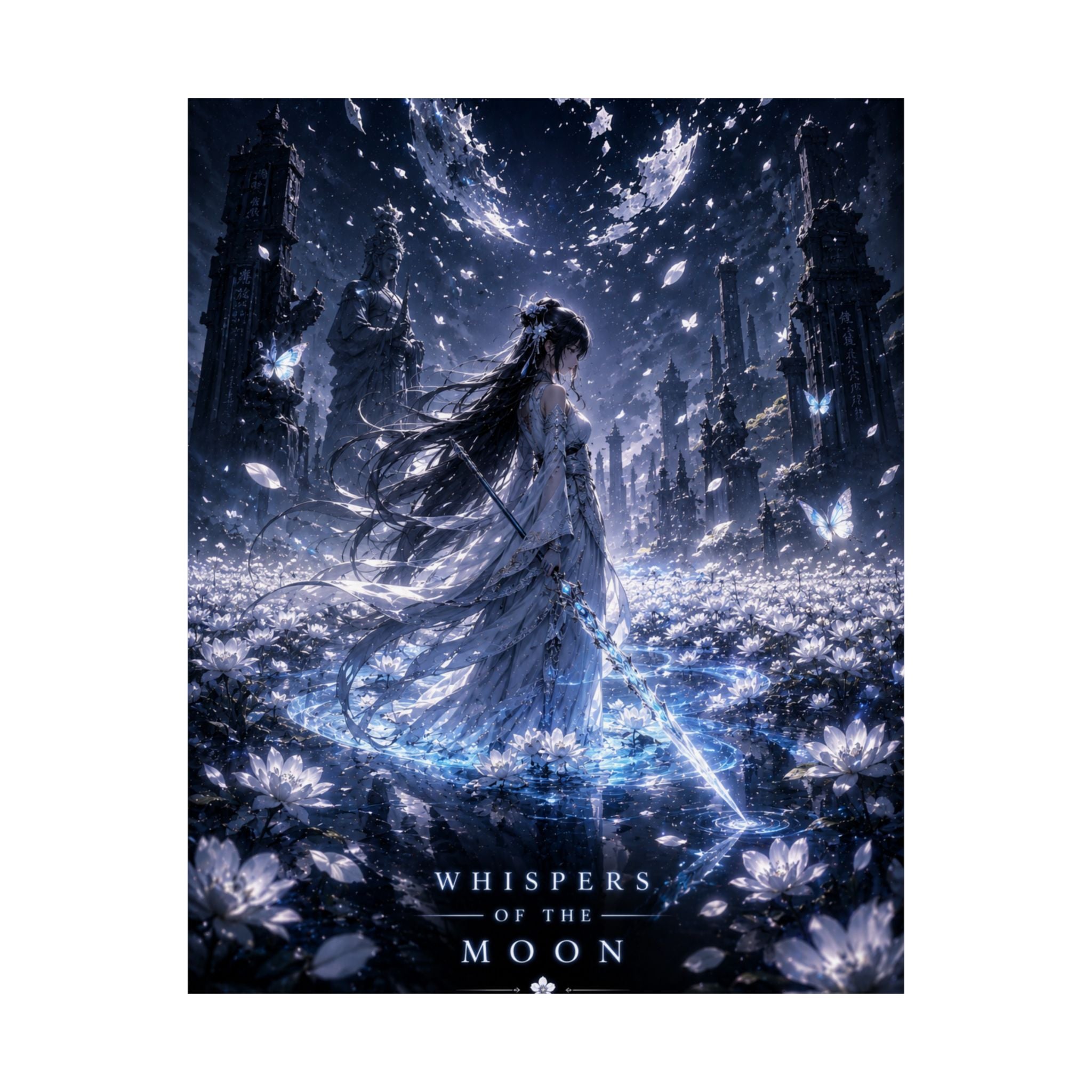 Whispers of the Moon Anime Gaming Poster — Fantasy Moonlit Girl Anime Wall Art