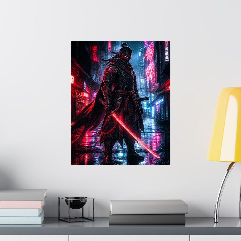 Cyber Samurai Poster — Neon City Warrior Vertical Art Print