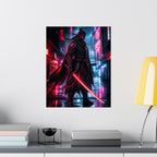 Cyber Samurai Poster — Neon City Warrior Vertical Art Print